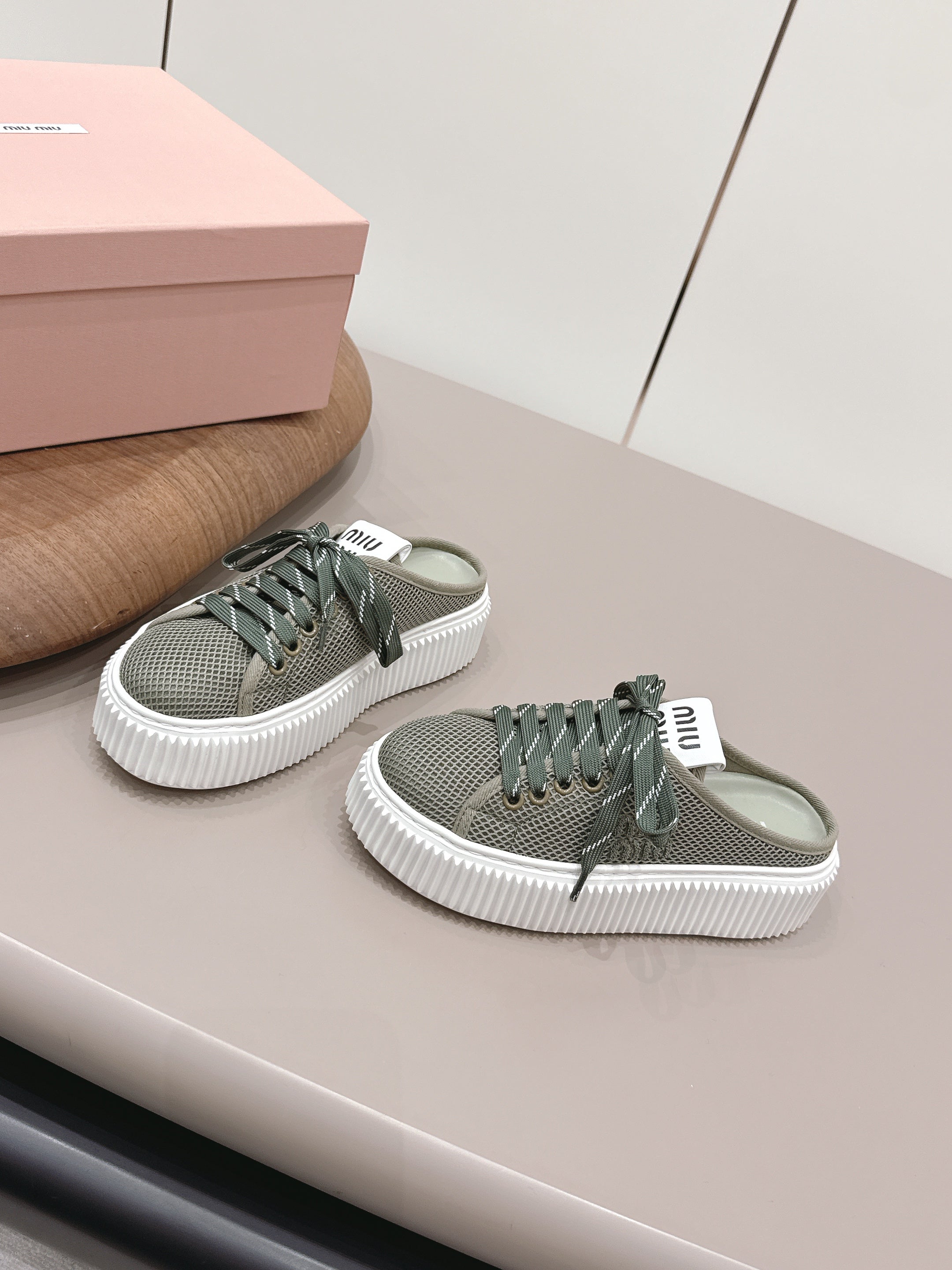 Miu Flatform Sneaker Mules Olive Mesh 738381