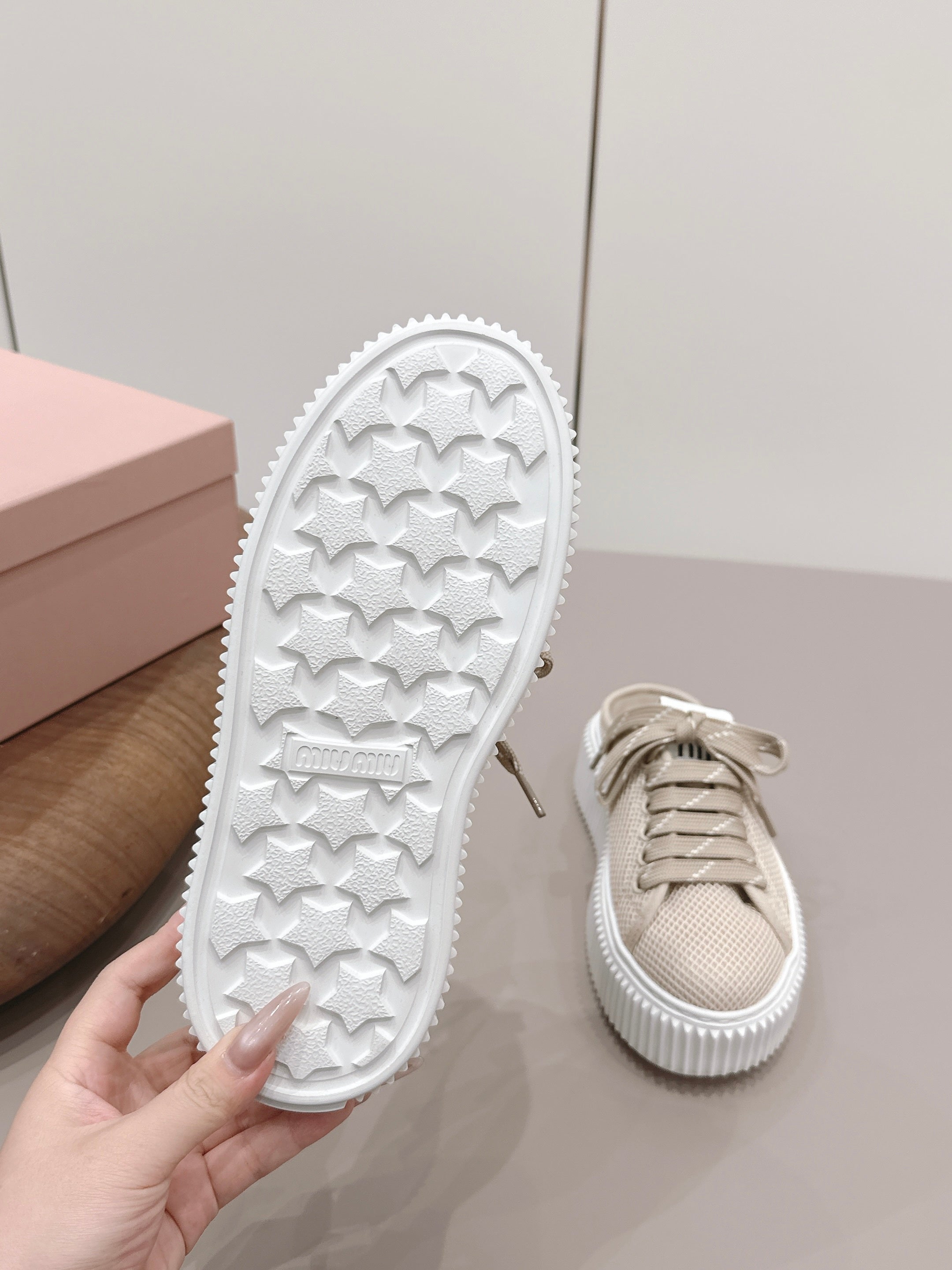 Miu Flatform Sneaker Mules Light Taupe Mesh 738382