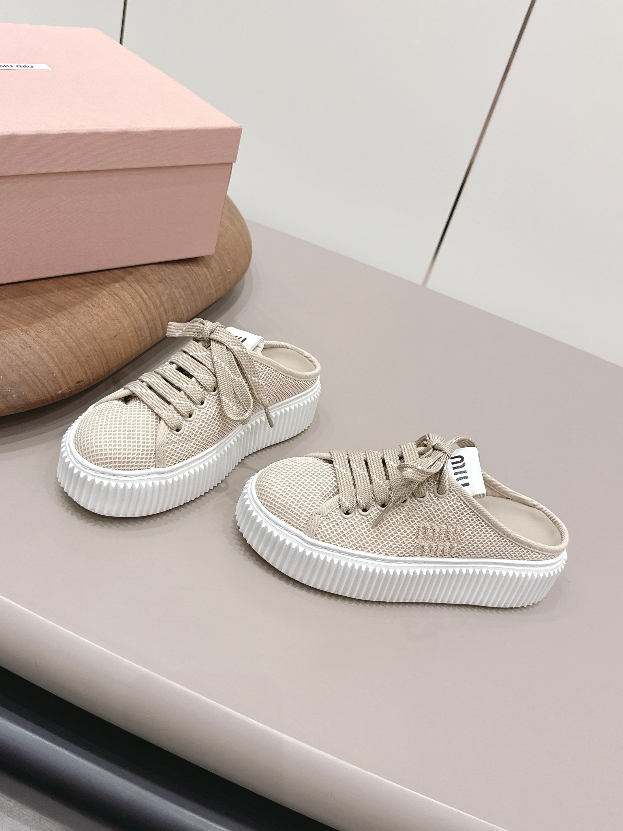 Miu Flatform Sneaker Mules Light Taupe Mesh 738382