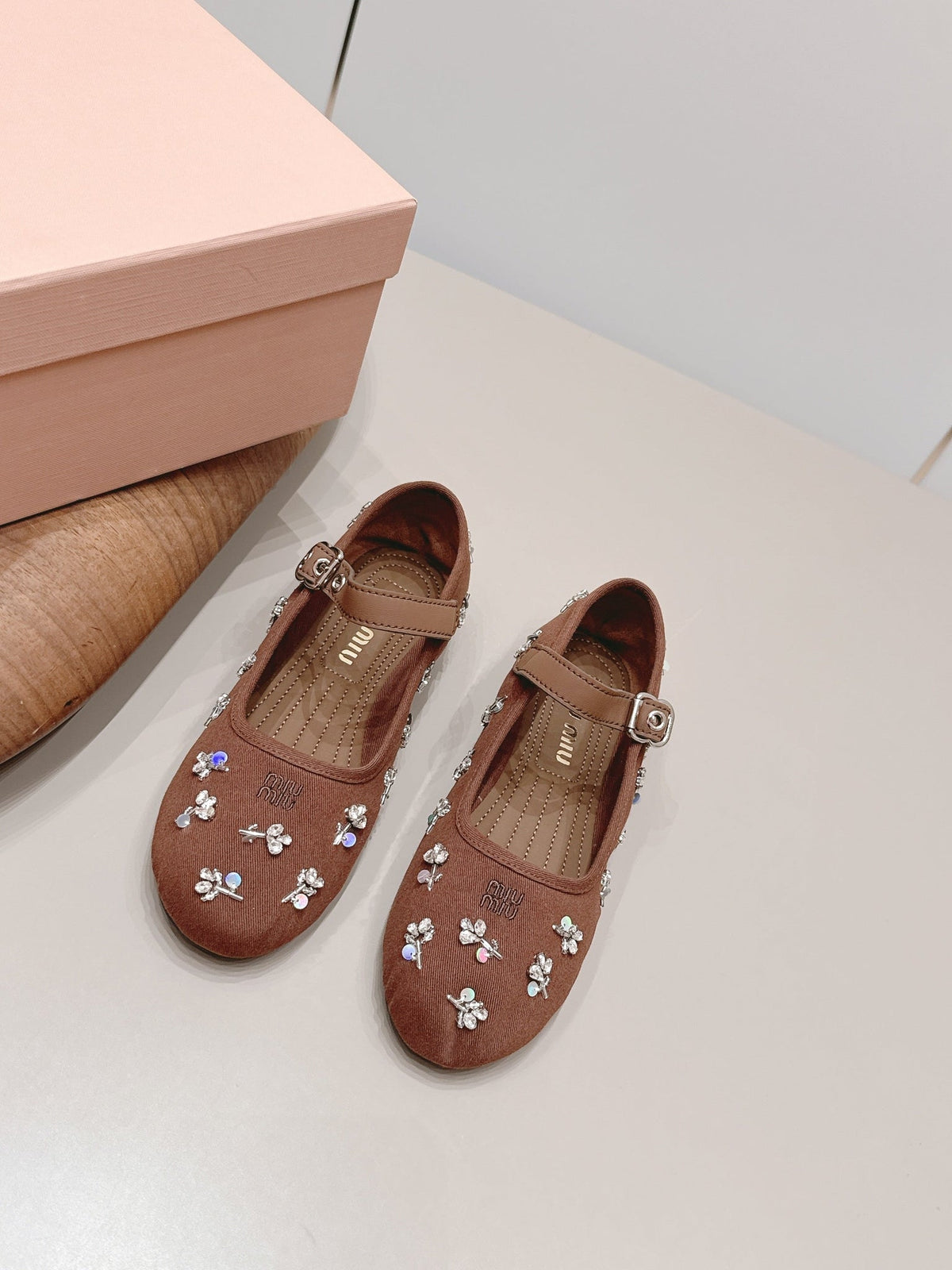 Miumiu 26s Mary Jane Ballet Flats In Brown Fabric Crystal Embellished