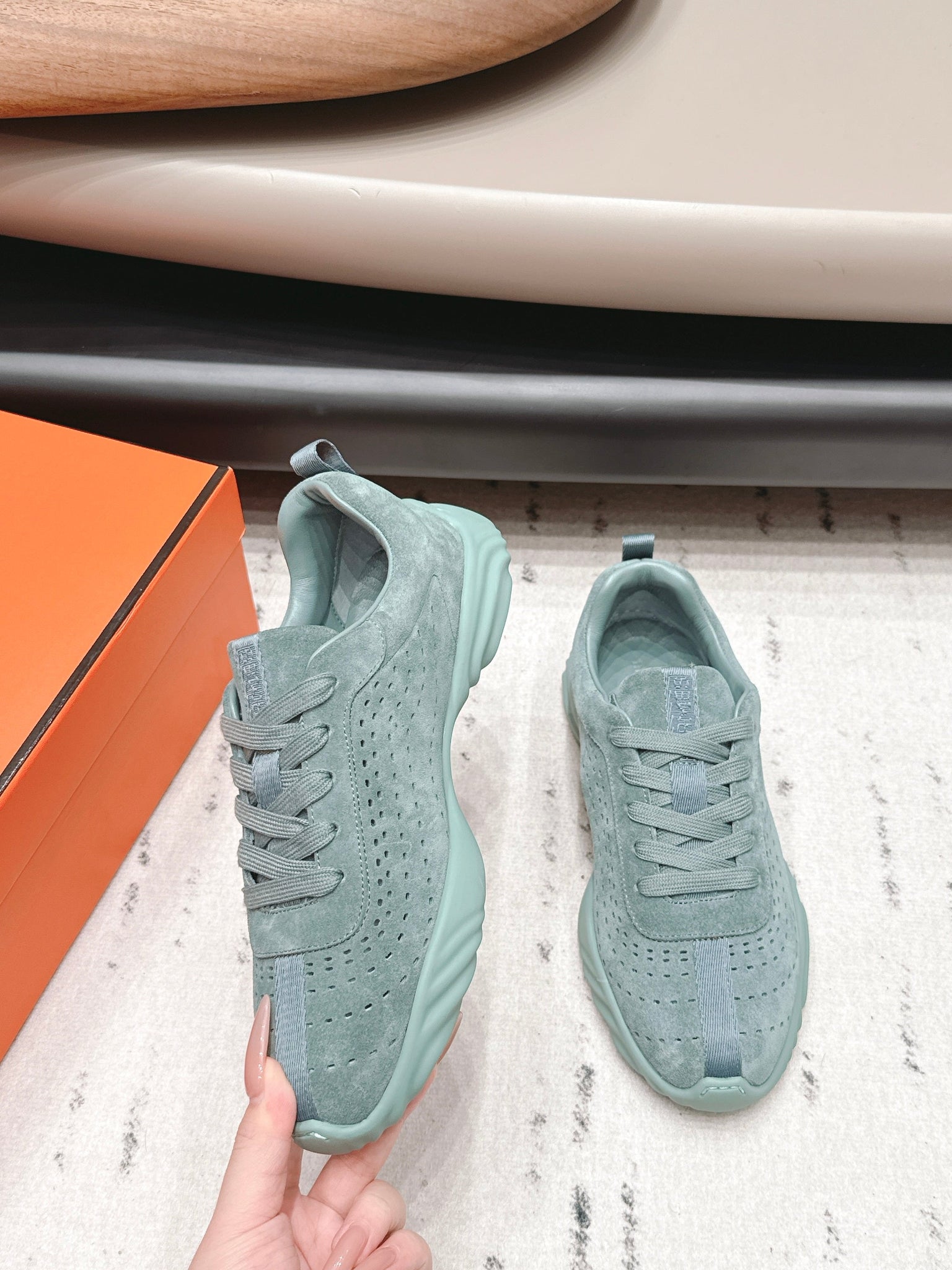 HM 26s Trail Sneakers In Sage Green Perforated Suede
