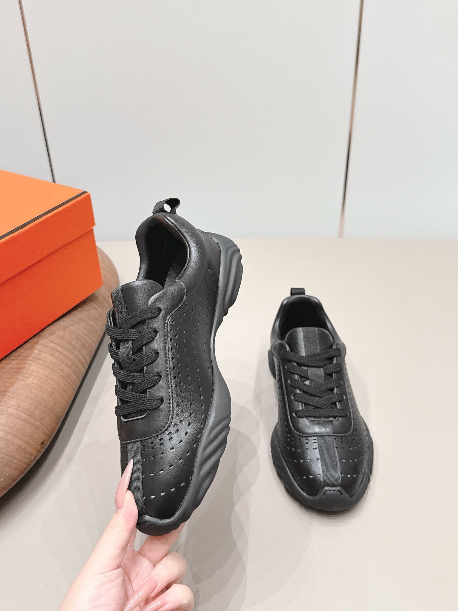 HM 26s Trail Sneakers In Black Perforated Calfskin