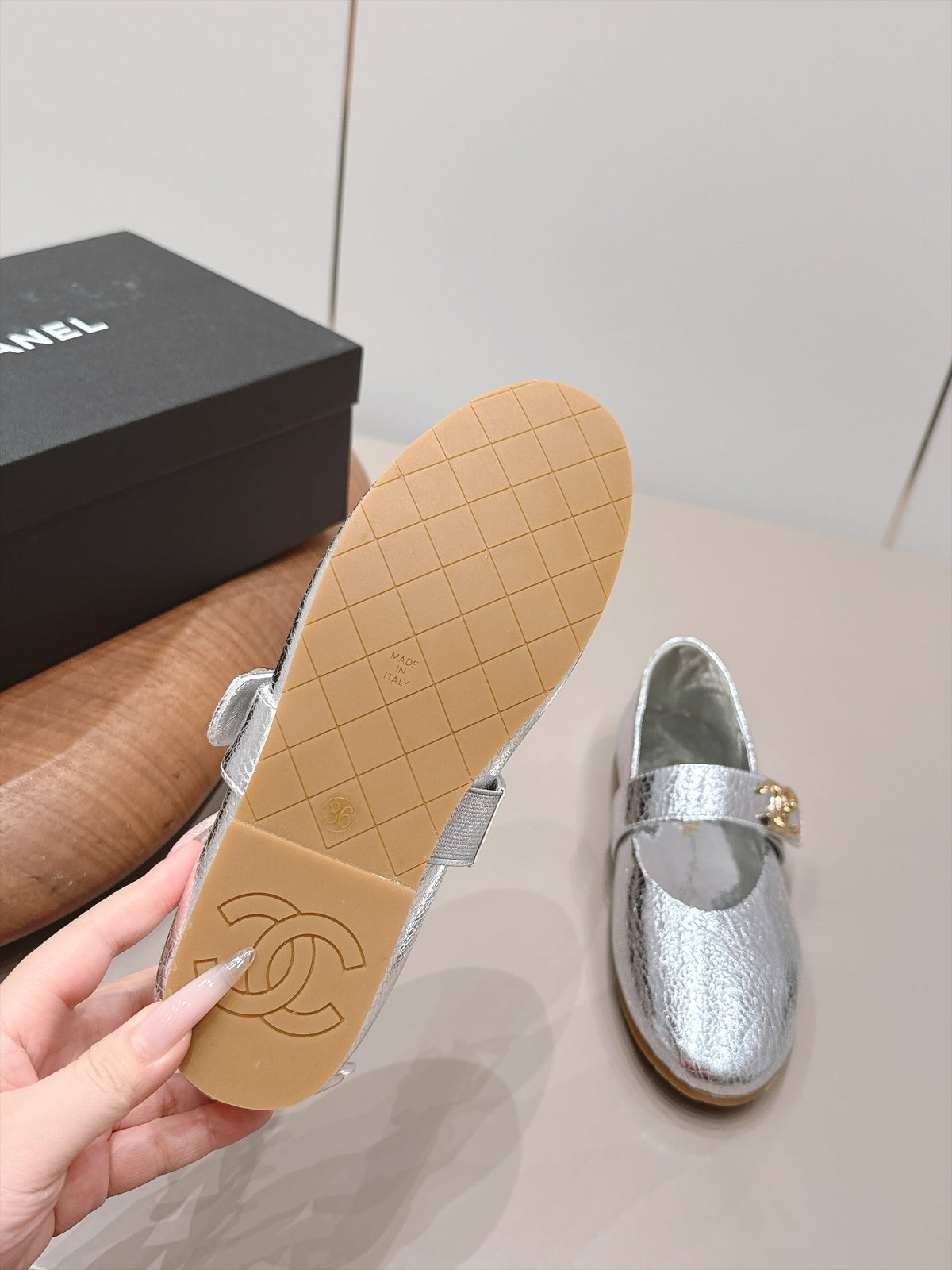 CC 26s Mary Jane Flats Silver Metallic Calfskin 175859