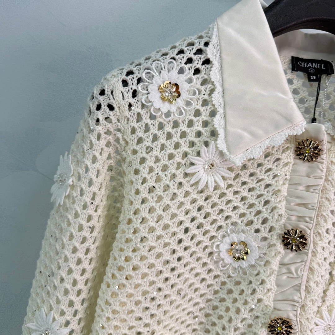 CC 26s Crochet Knit Cardigan Cream Wool 413369