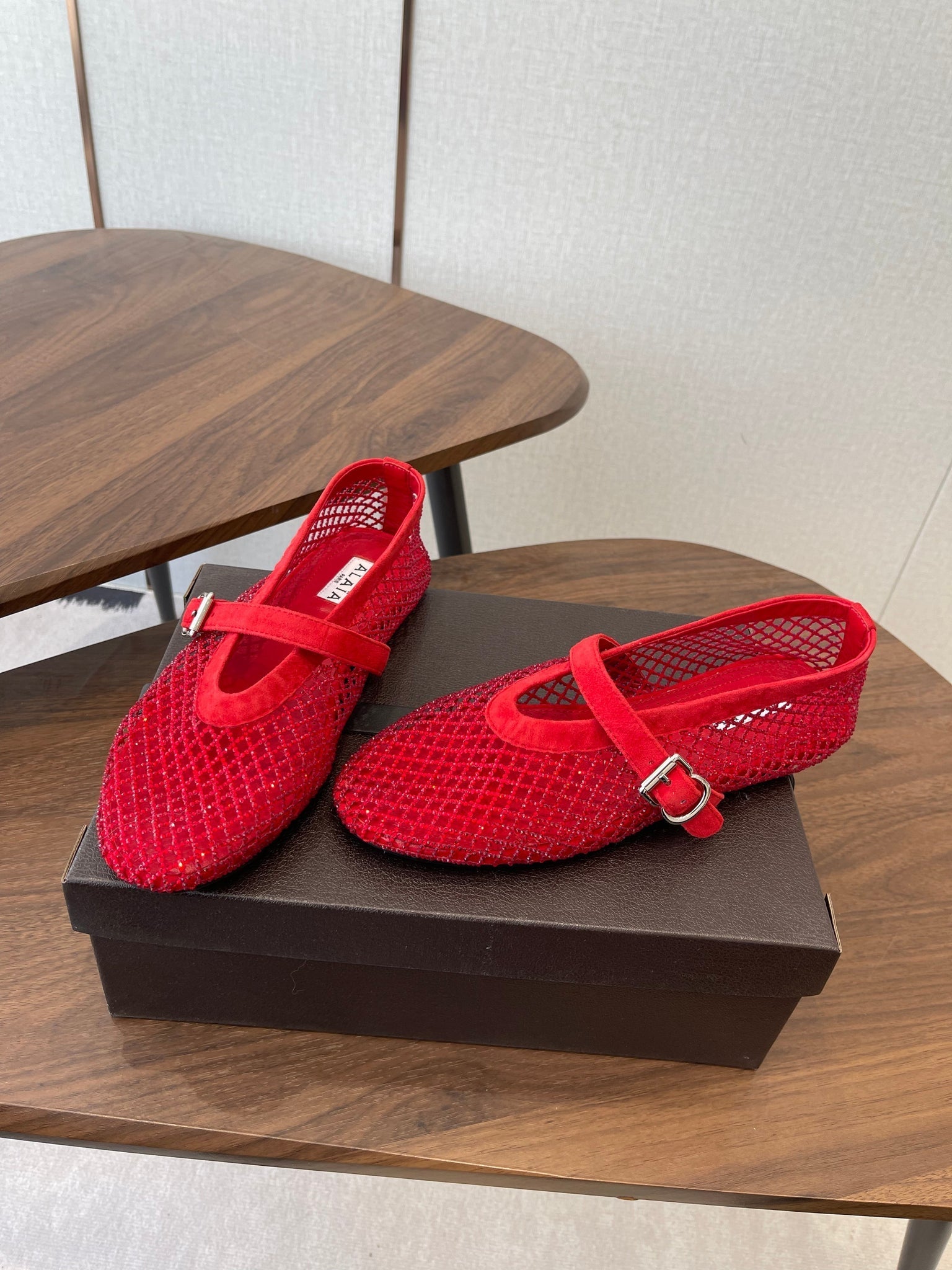 Alaia 26s Mesh Flats In Red Suede Rhinestone-Embellished