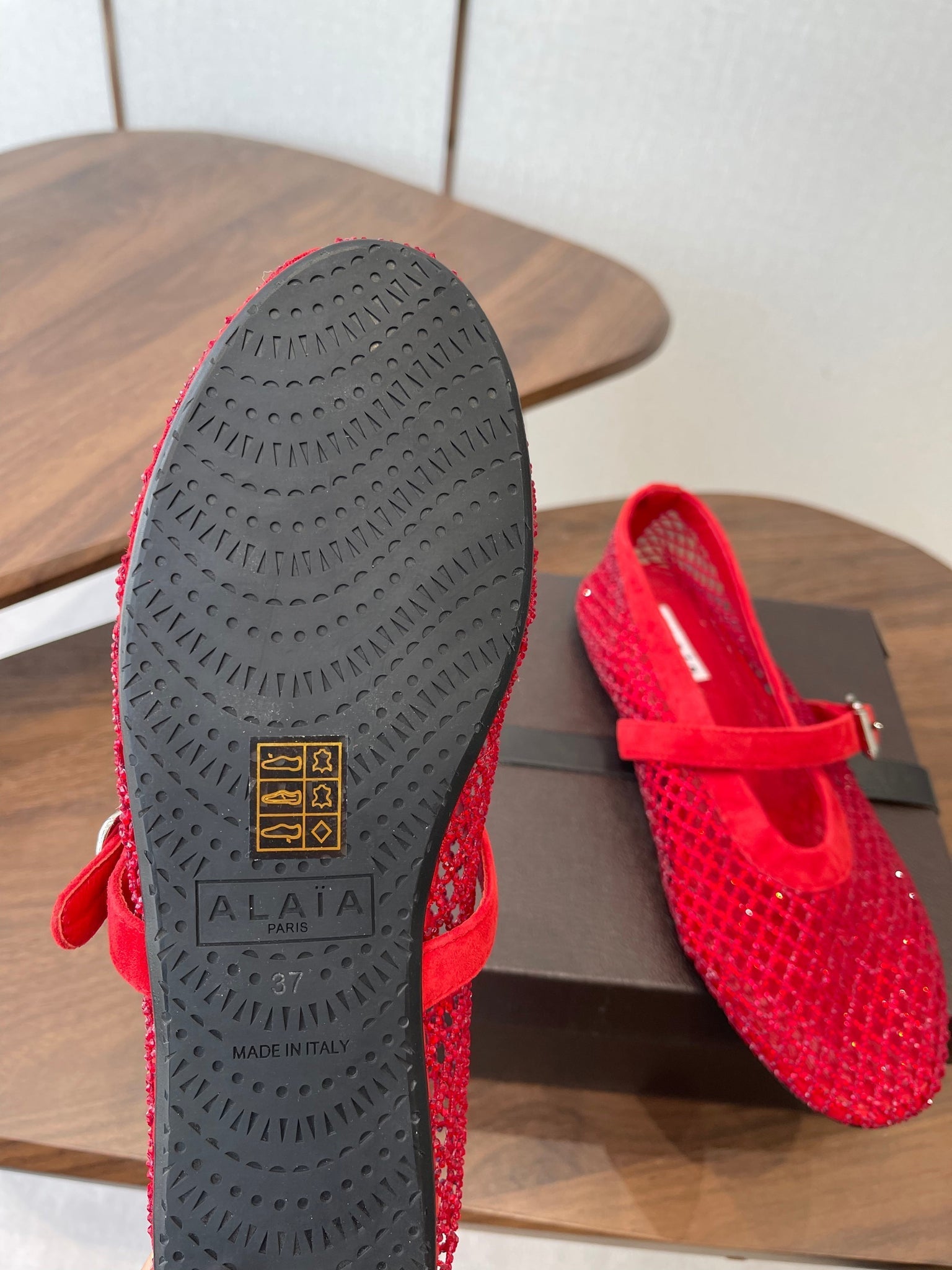 Alaia 26s Mesh Flats In Red Suede Rhinestone-Embellished
