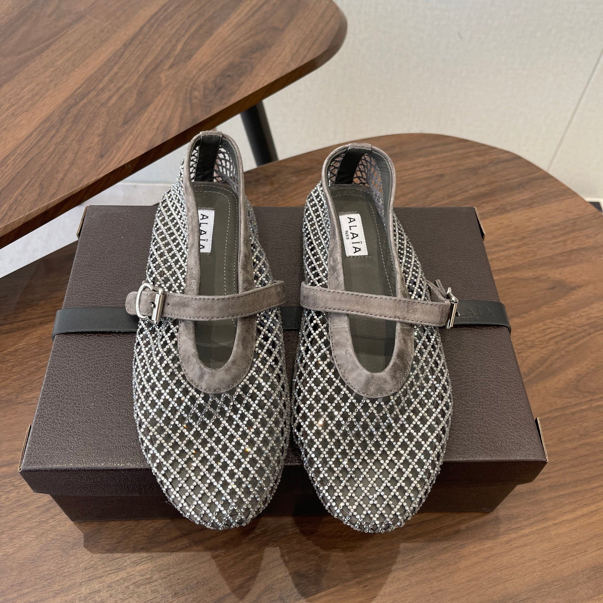 Alaia 26s Mesh Flats In Brown Grey Suede Rhinestone-Embellished