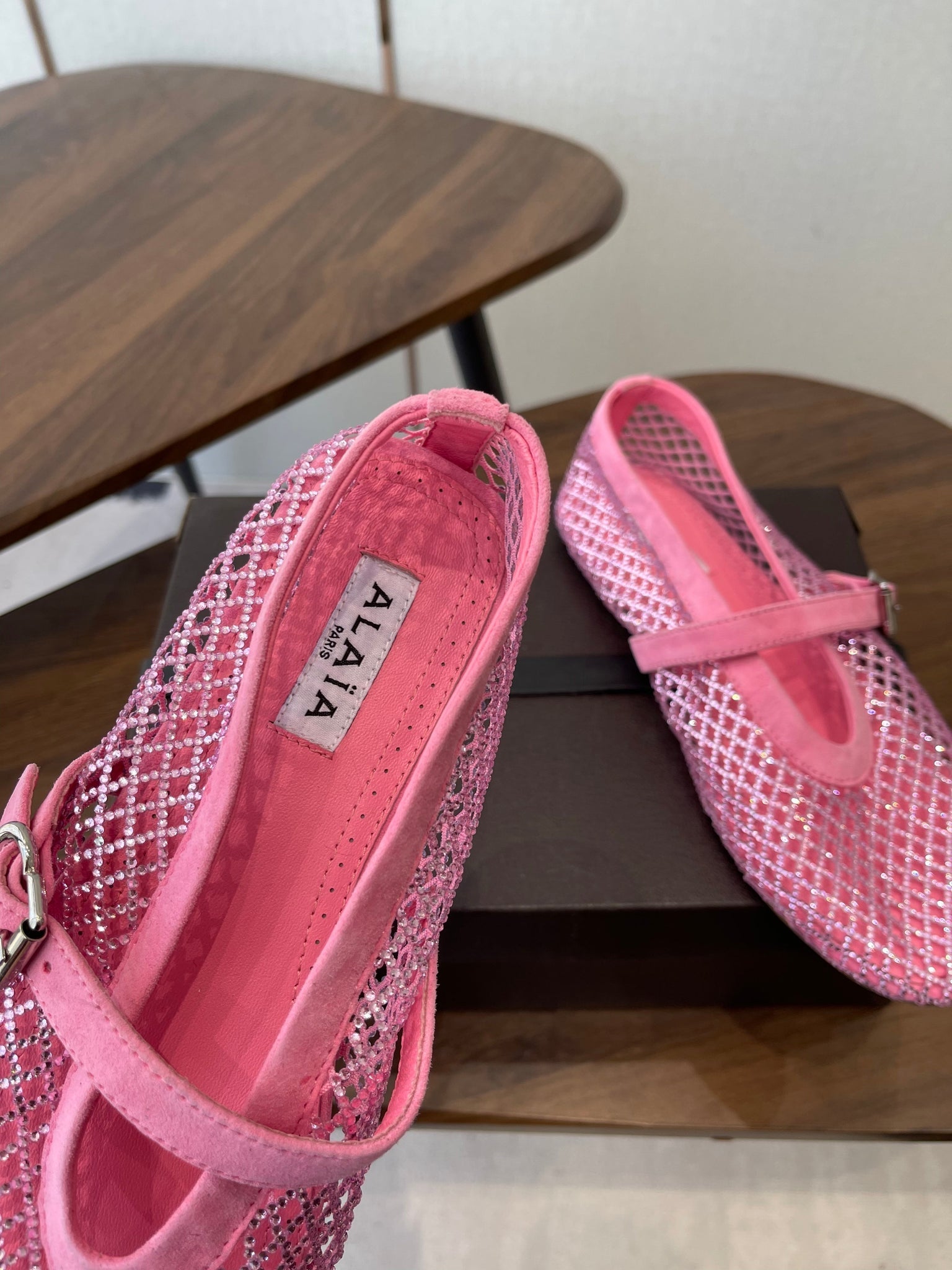 Alaia 26s Mesh Flats In Pink Suede Rhinestone-Embellished