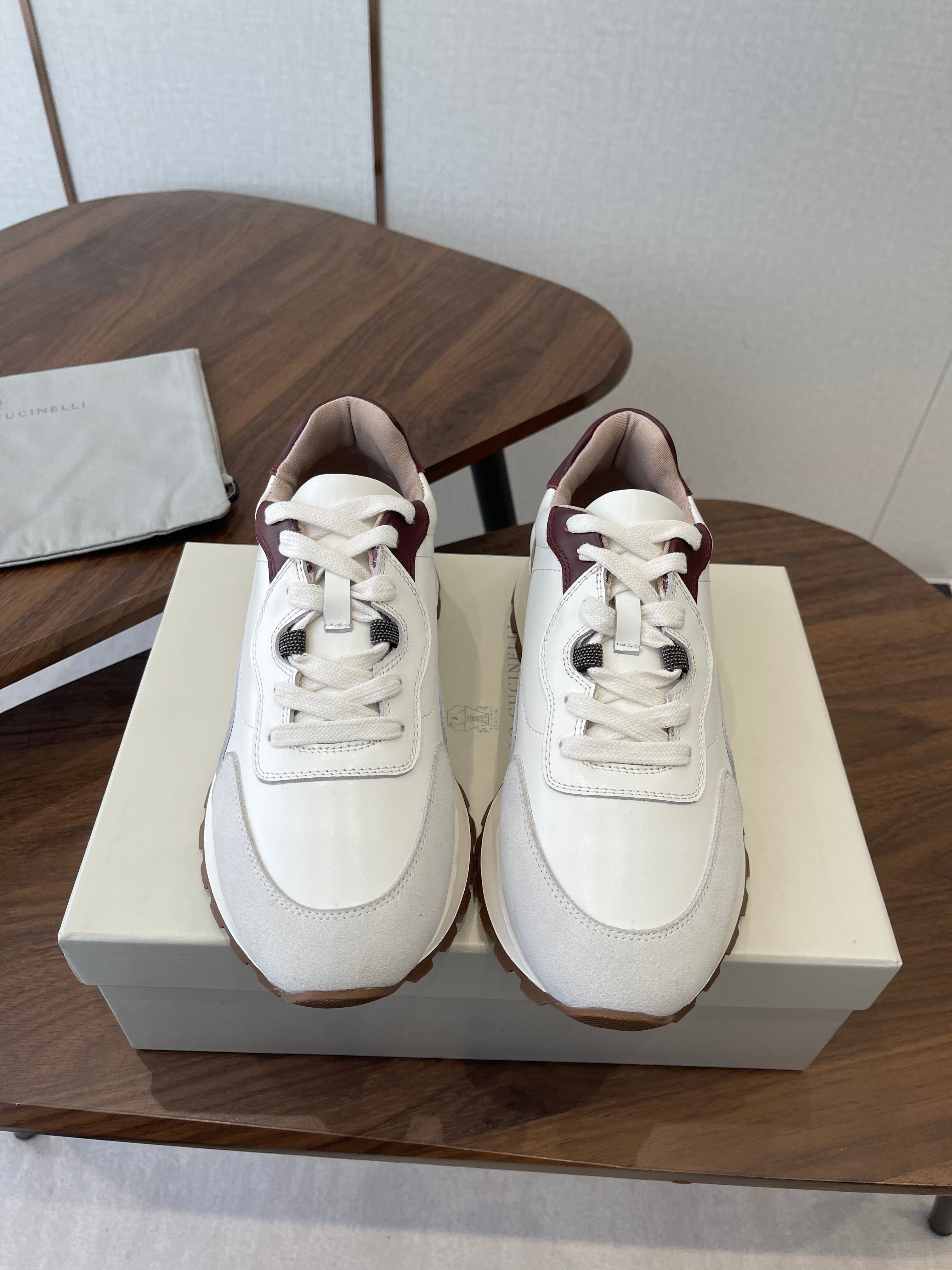 Brunello Runners With Shiny Details White Grey Brown Suede Leather 624480