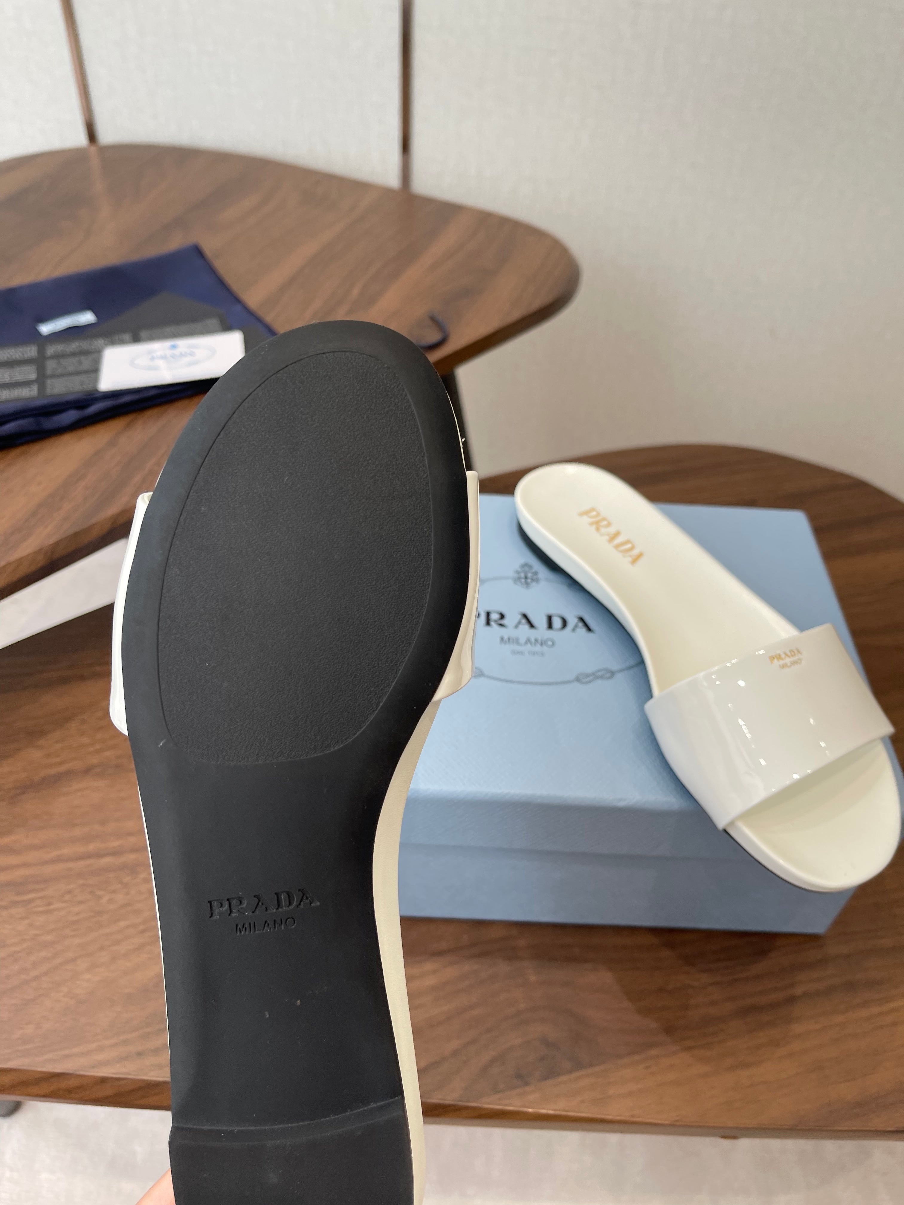 Prada Logo Slides White Patent Leather 727620