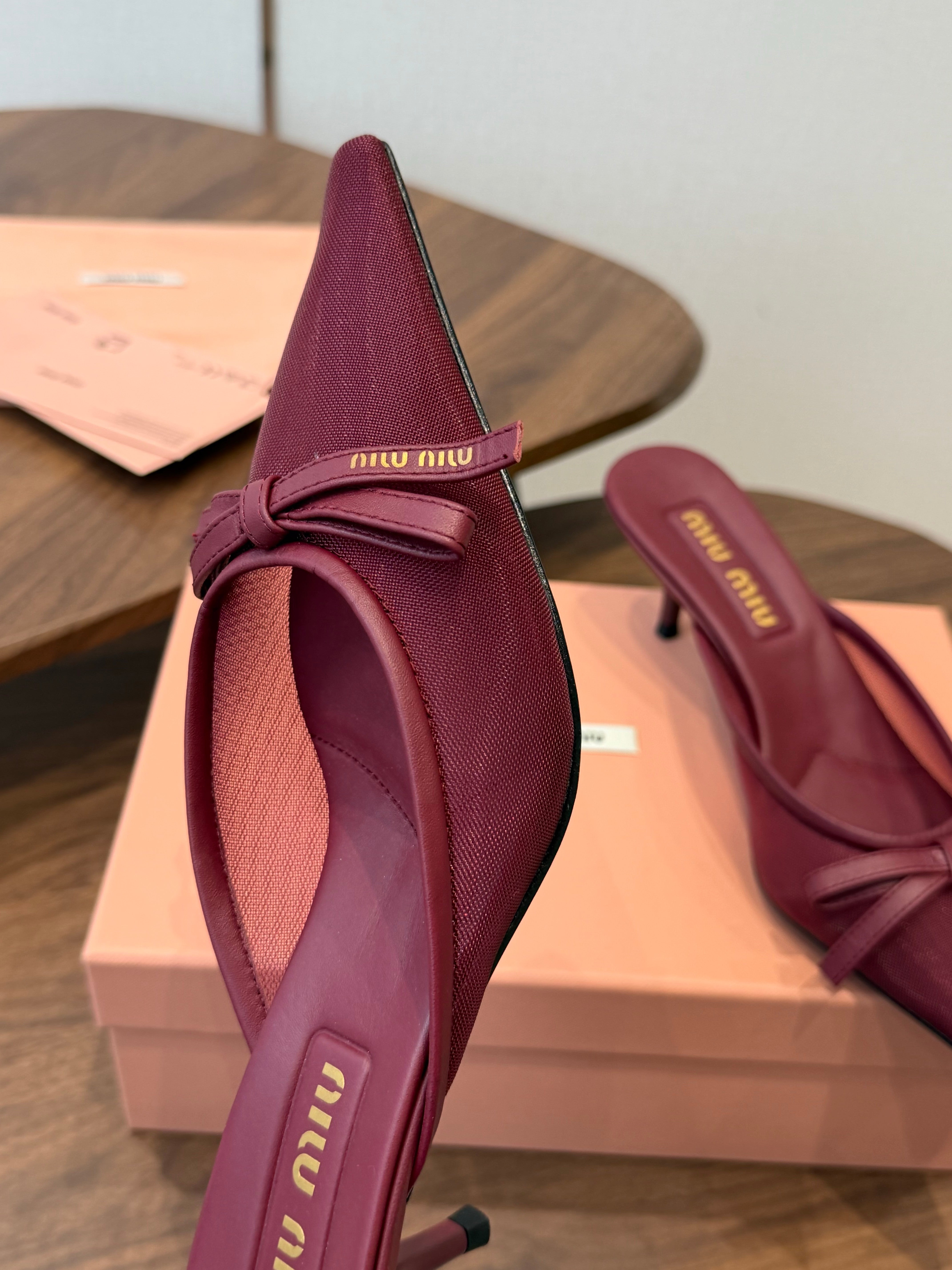 Miu 26s High-Heeled Mules Burgundy Cotton 790456