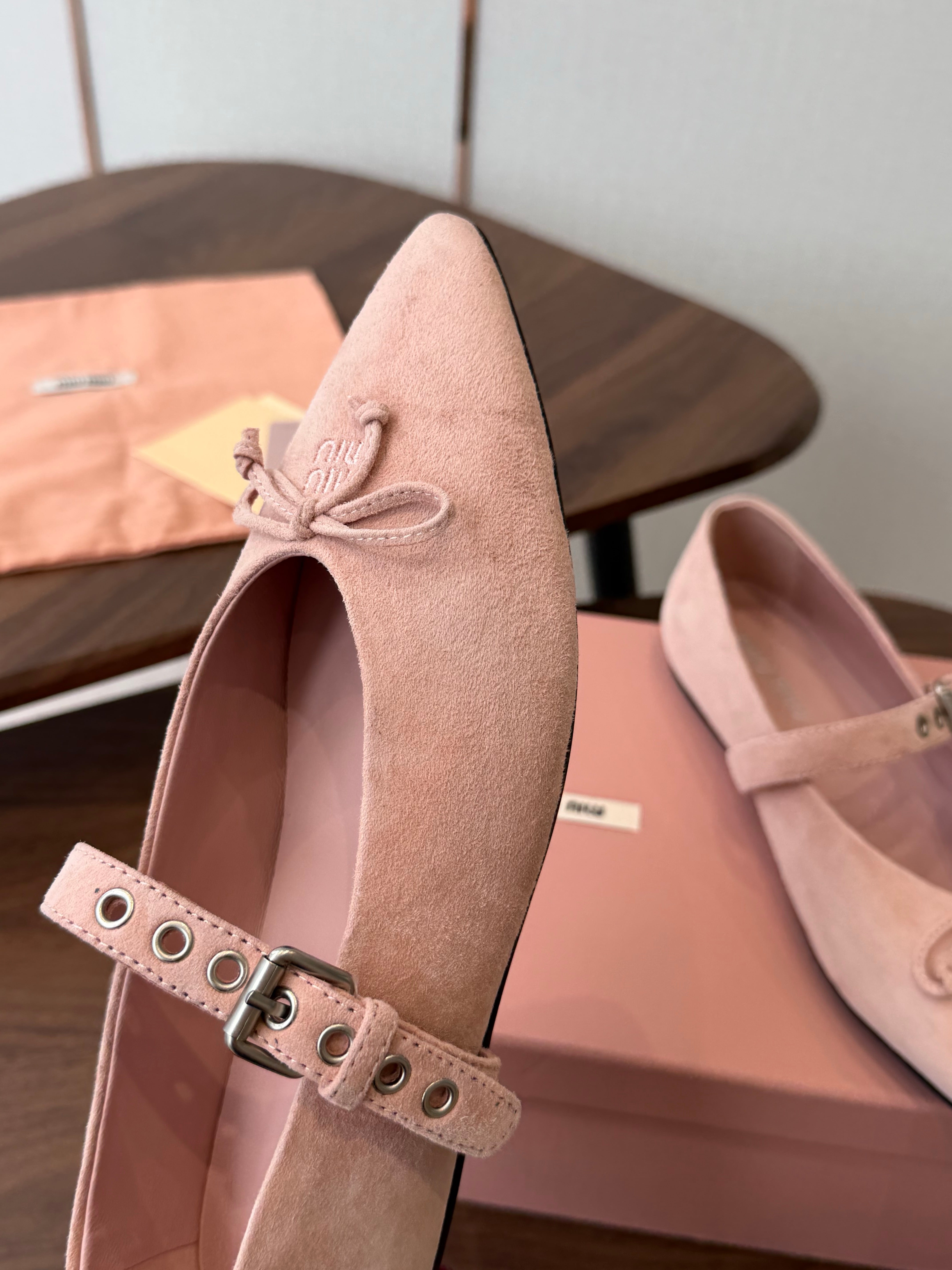 Miu Pointed-Toe Ballerina Flats Light Link Suede 940006