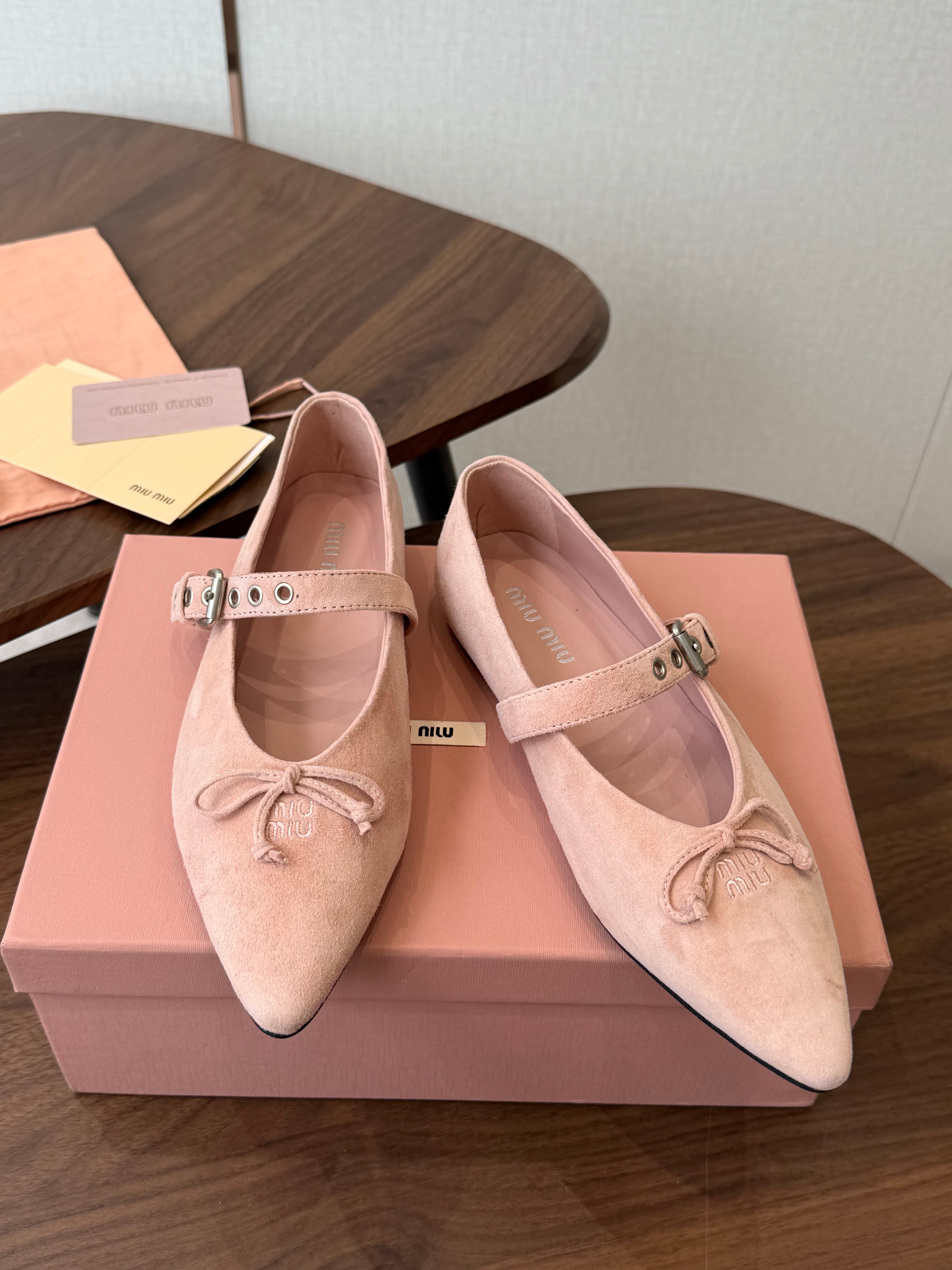 Miu Pointed-Toe Ballerina Flats Light Link Suede 940006