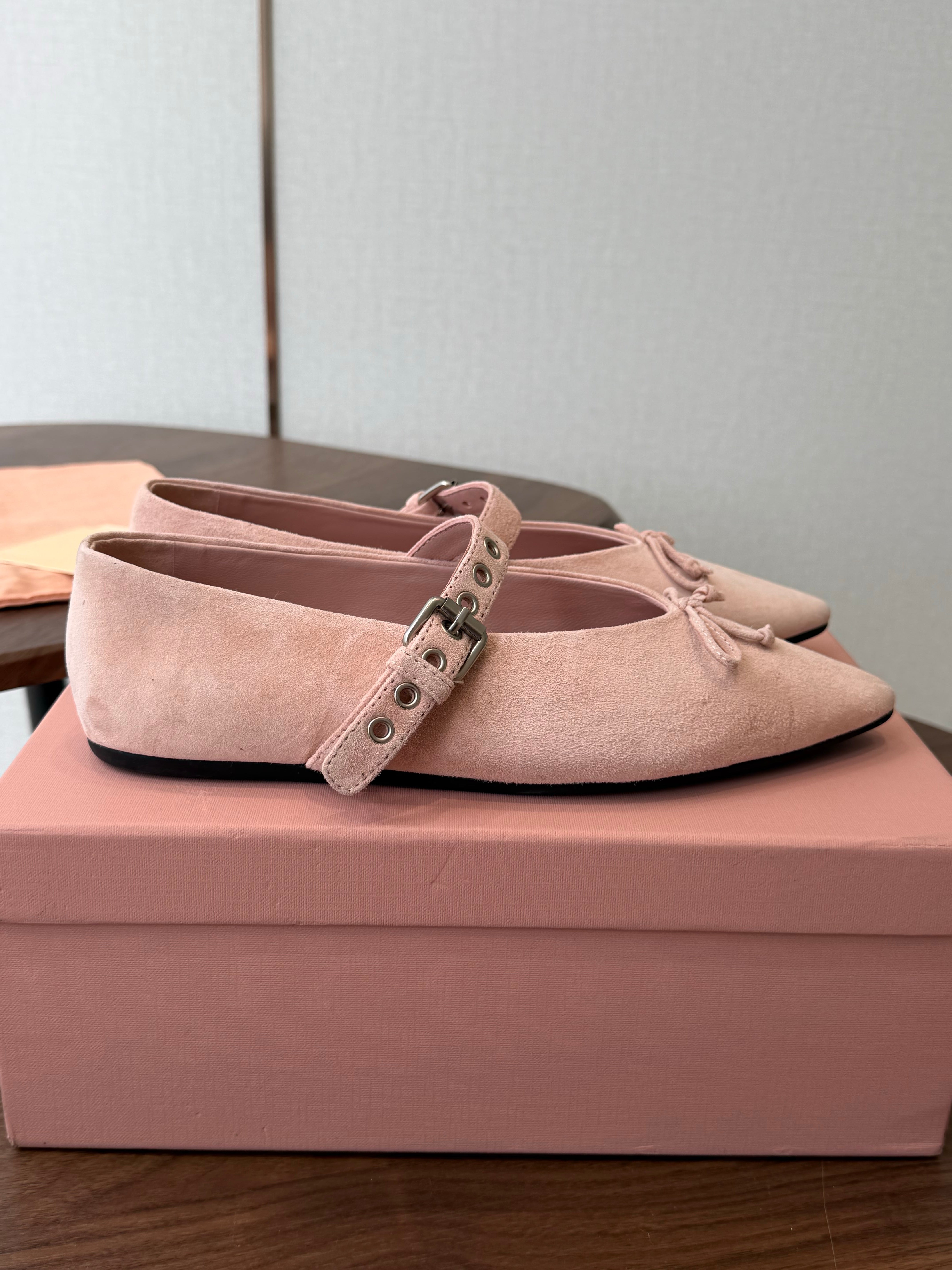 Miu Pointed-Toe Ballerina Flats Light Link Suede 940006