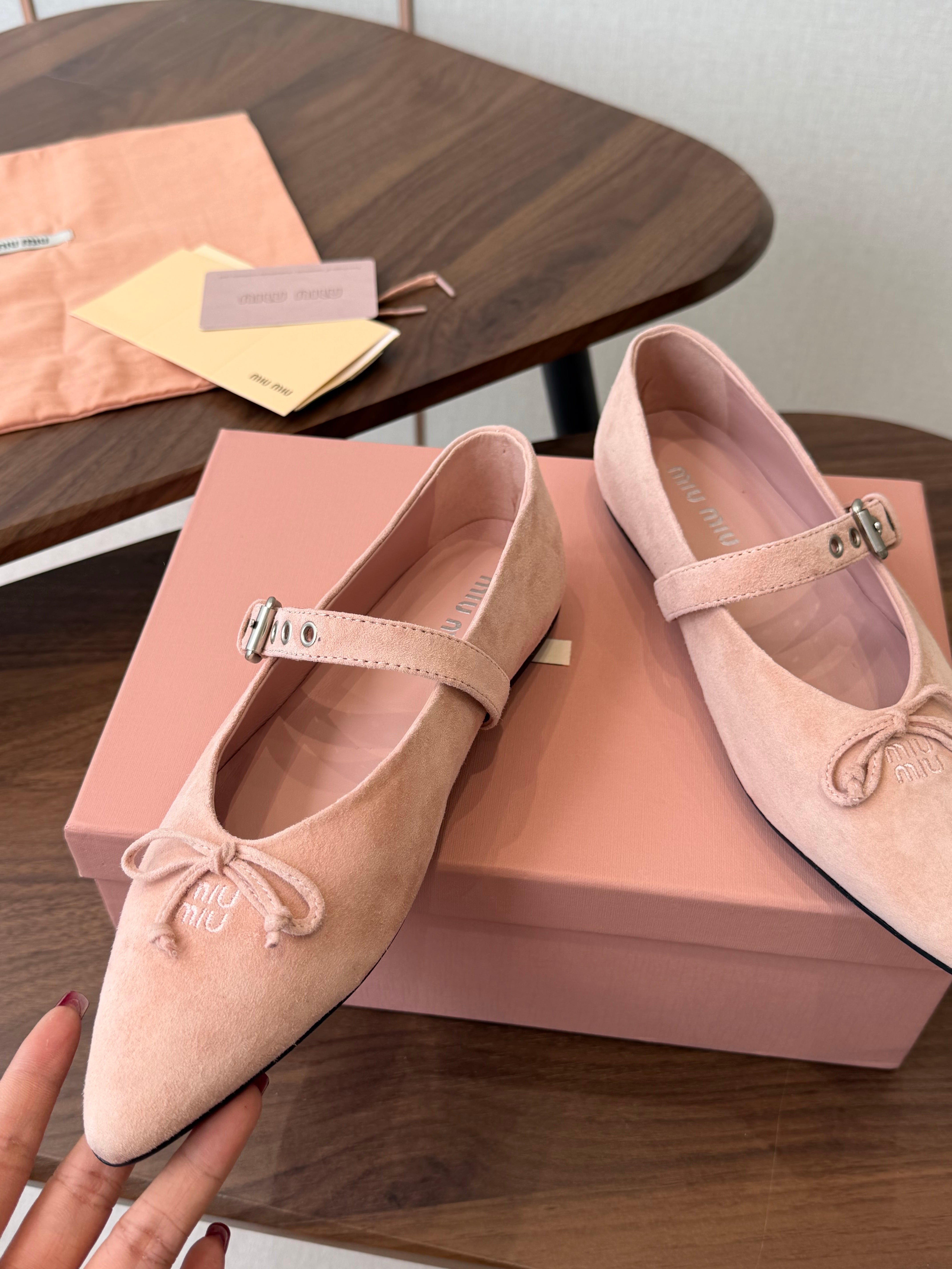 Miu Pointed-Toe Ballerina Flats Light Link Suede 940006