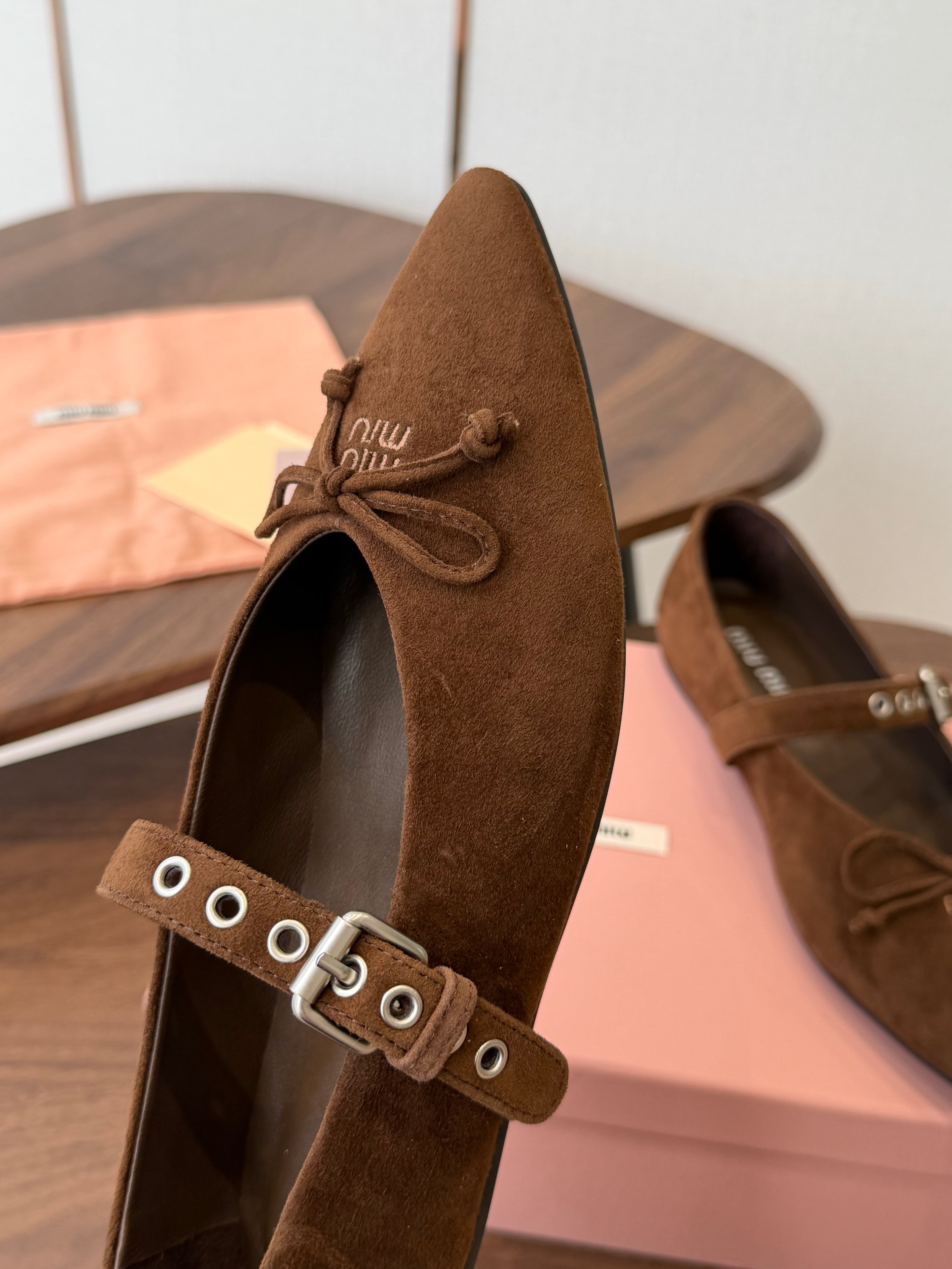 Miu Pointed-Toe Ballerina Flats Coffee Suede 940010