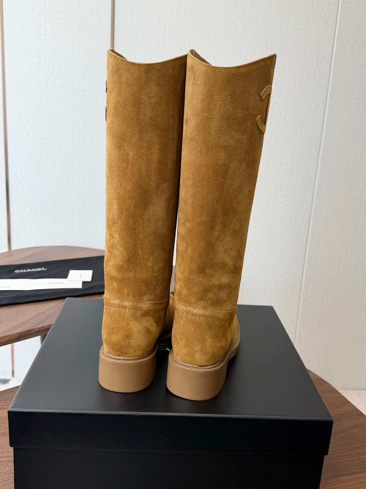 CC 26s Biker Knee Boots 3cm Camel Suede 102129