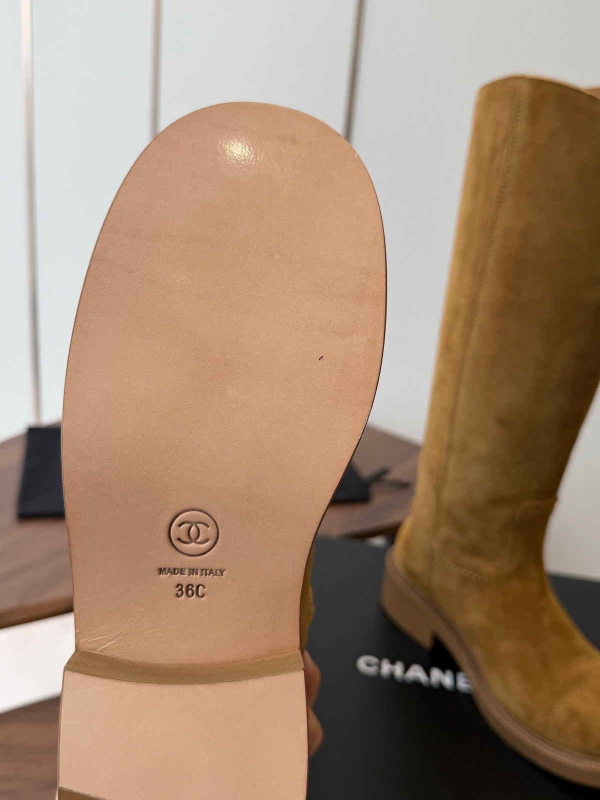 CC 26s Biker Knee Boots 3cm Camel Suede 102129