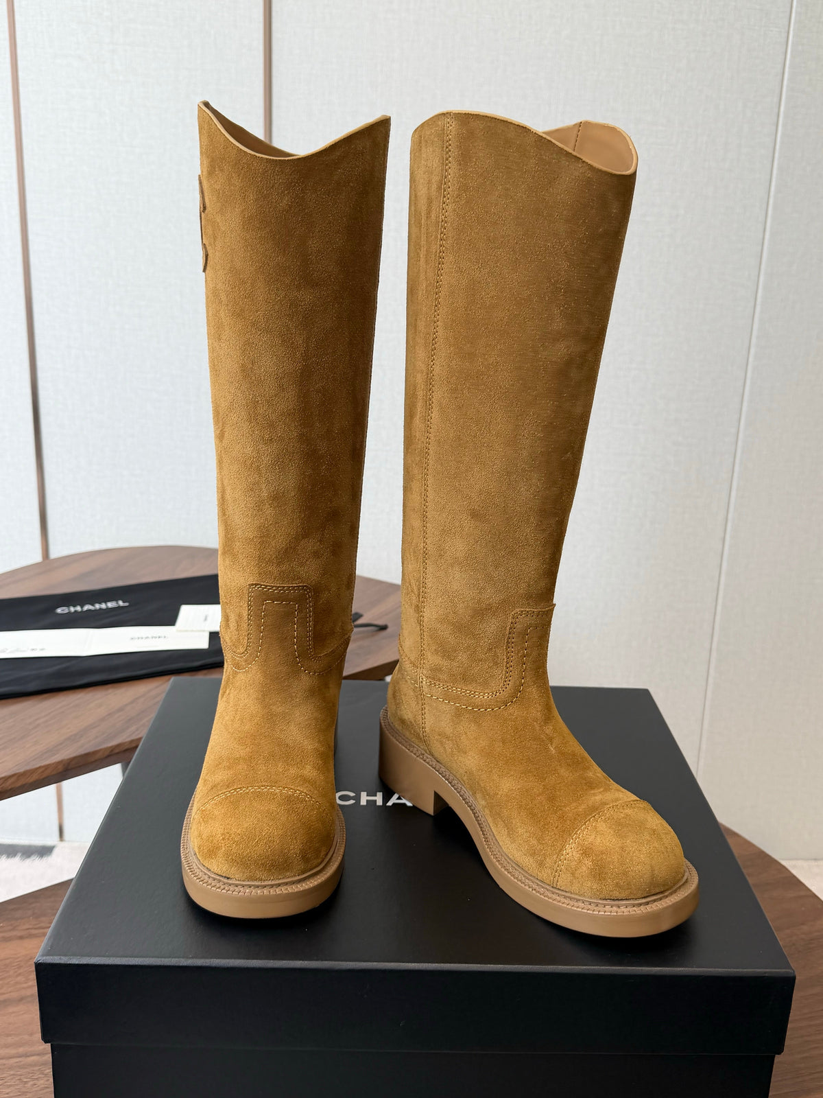 CC 26s Biker Knee Boots 3cm Camel Suede 102129