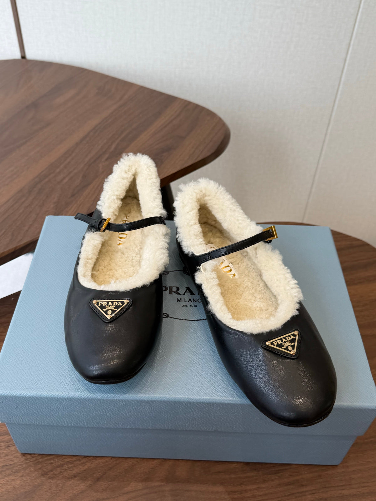 Prada Mary Jane Ballerina Flats Black Leather Shearling 158581