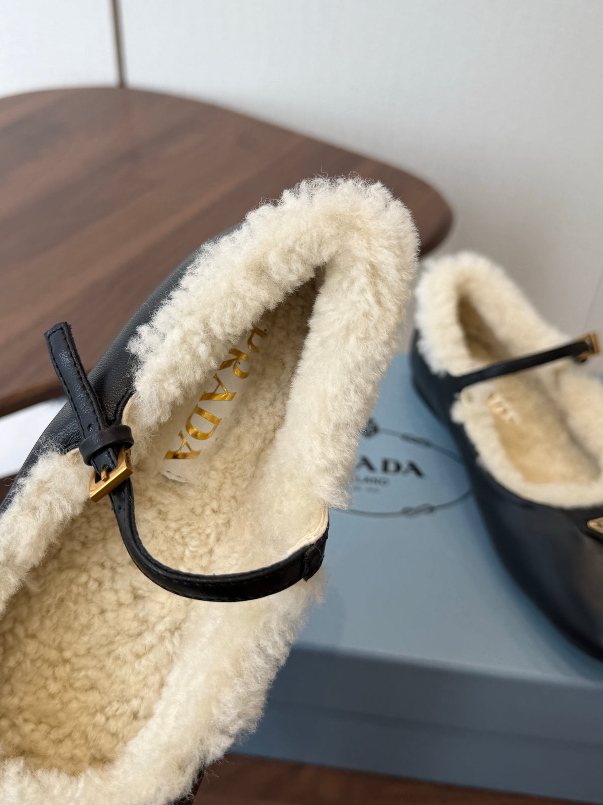 Prada Mary Jane Ballerina Flats Black Leather Shearling 158581