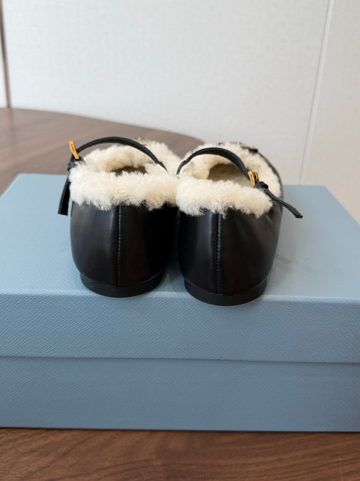 Prada Mary Jane Ballerina Flats Black Leather Shearling 158581