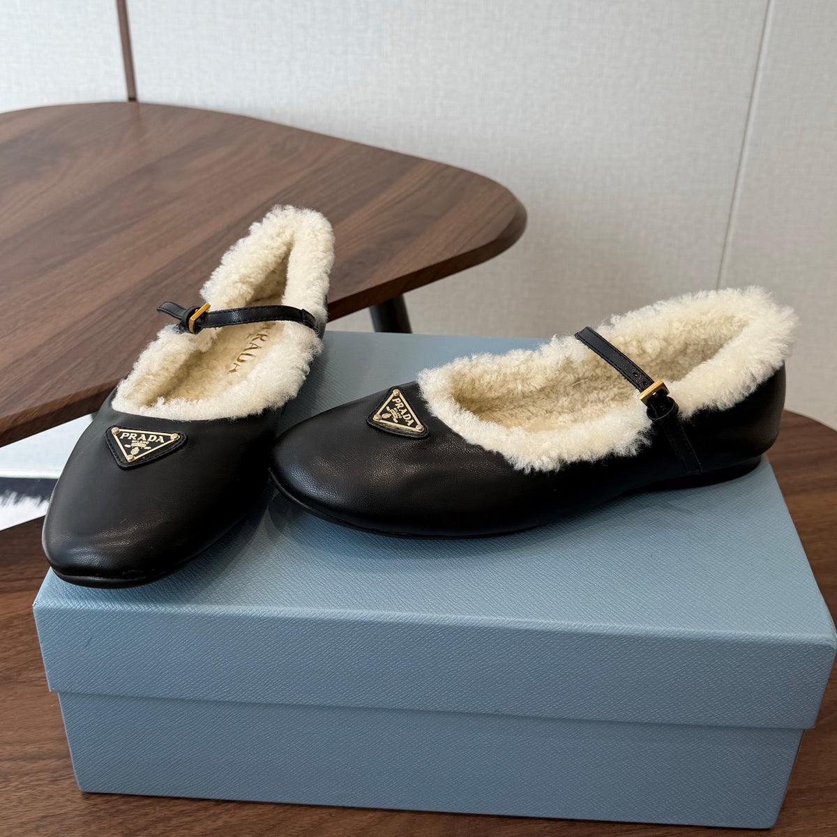 Prada Mary Jane Ballerina Flats Black Leather Shearling 158581