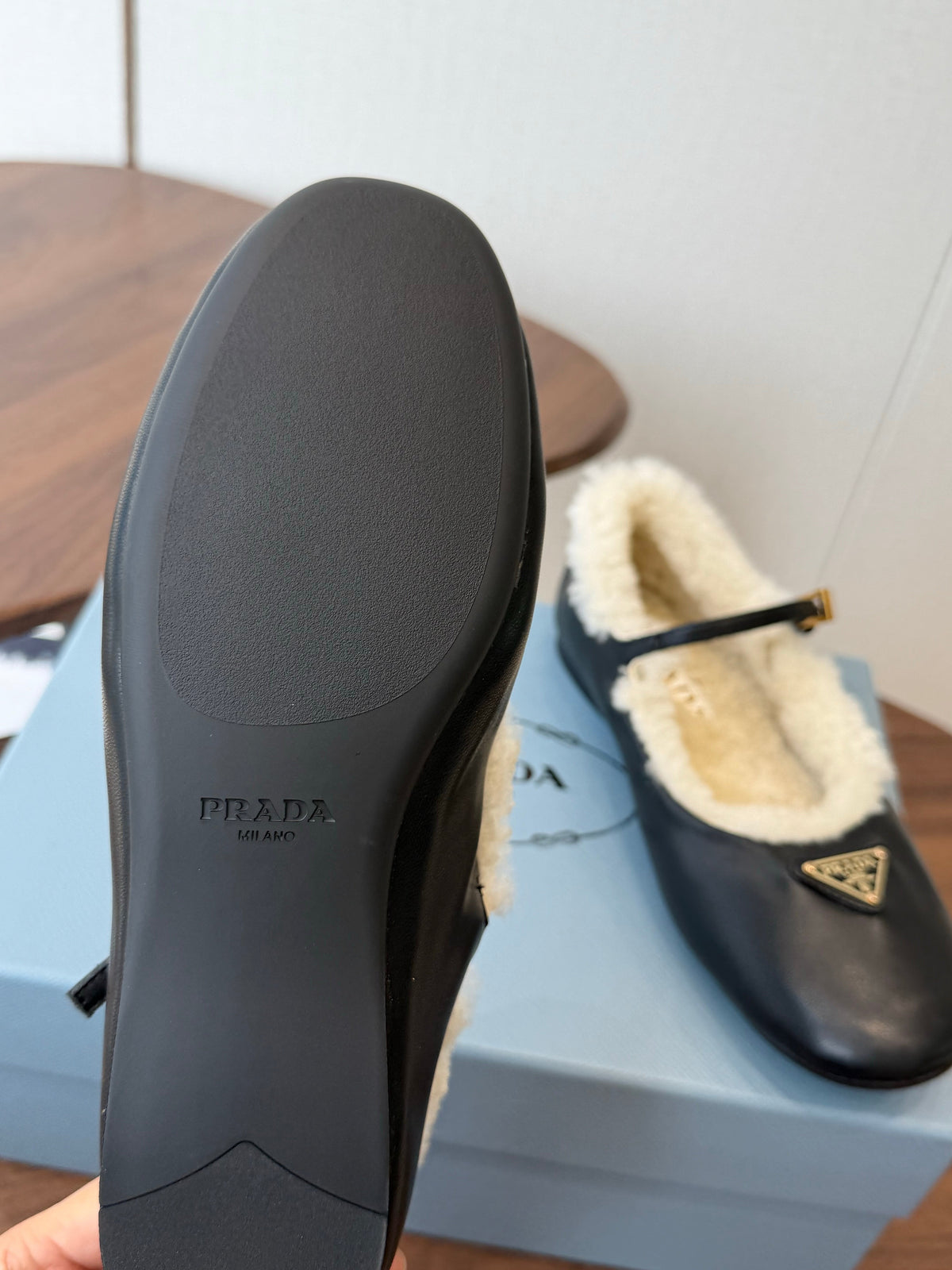 Prada Mary Jane Ballerina Flats Black Leather Shearling 158581