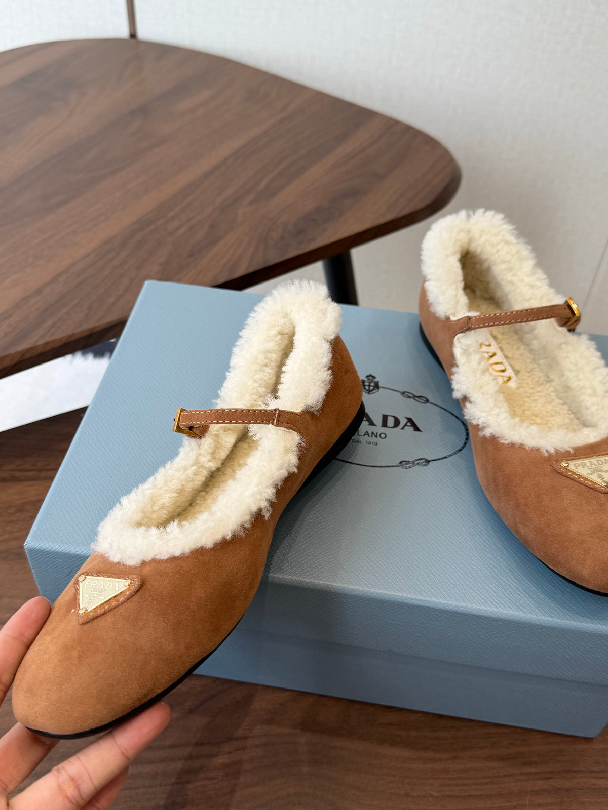 Prada Mary Jane Ballerina Flats Beige Suede Shearling 158582