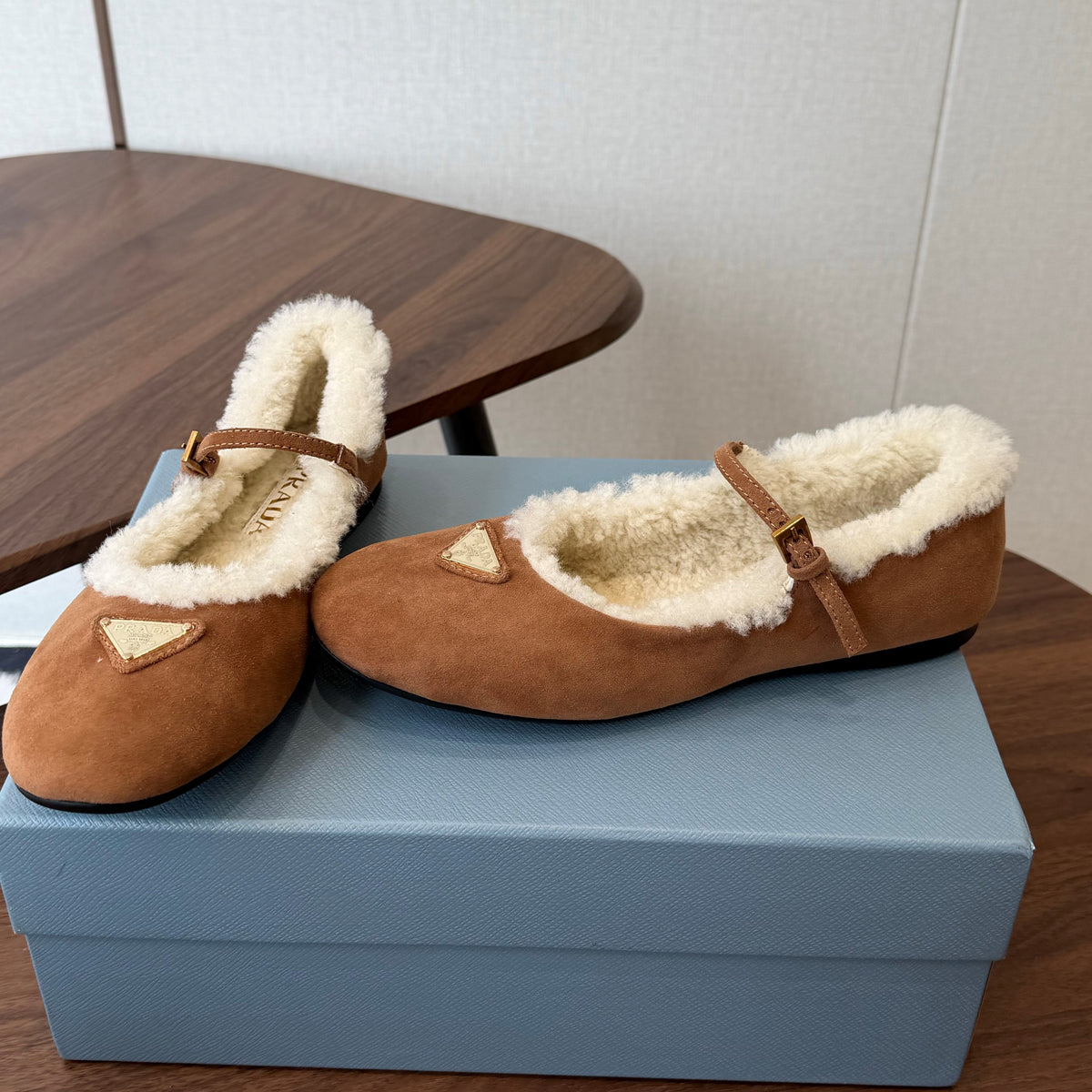 Prada Mary Jane Ballerina Flats Beige Suede Shearling 158582