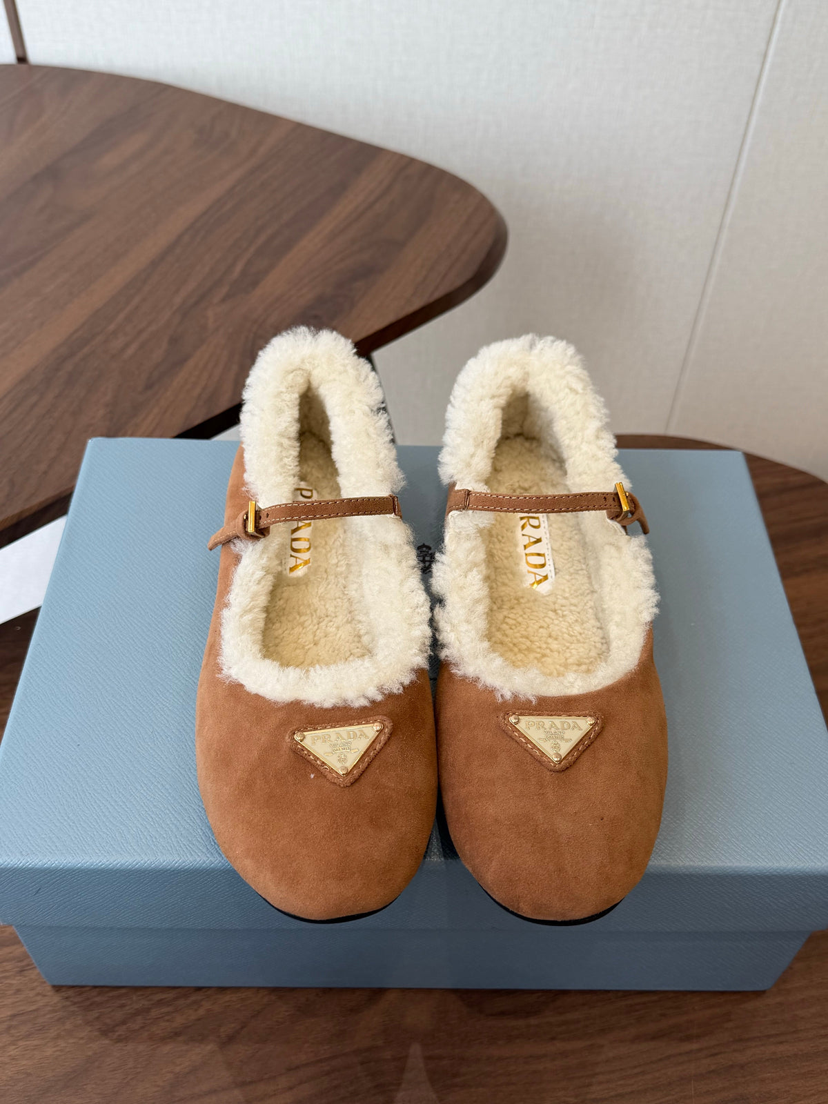 Prada Mary Jane Ballerina Flats Beige Suede Shearling 158582