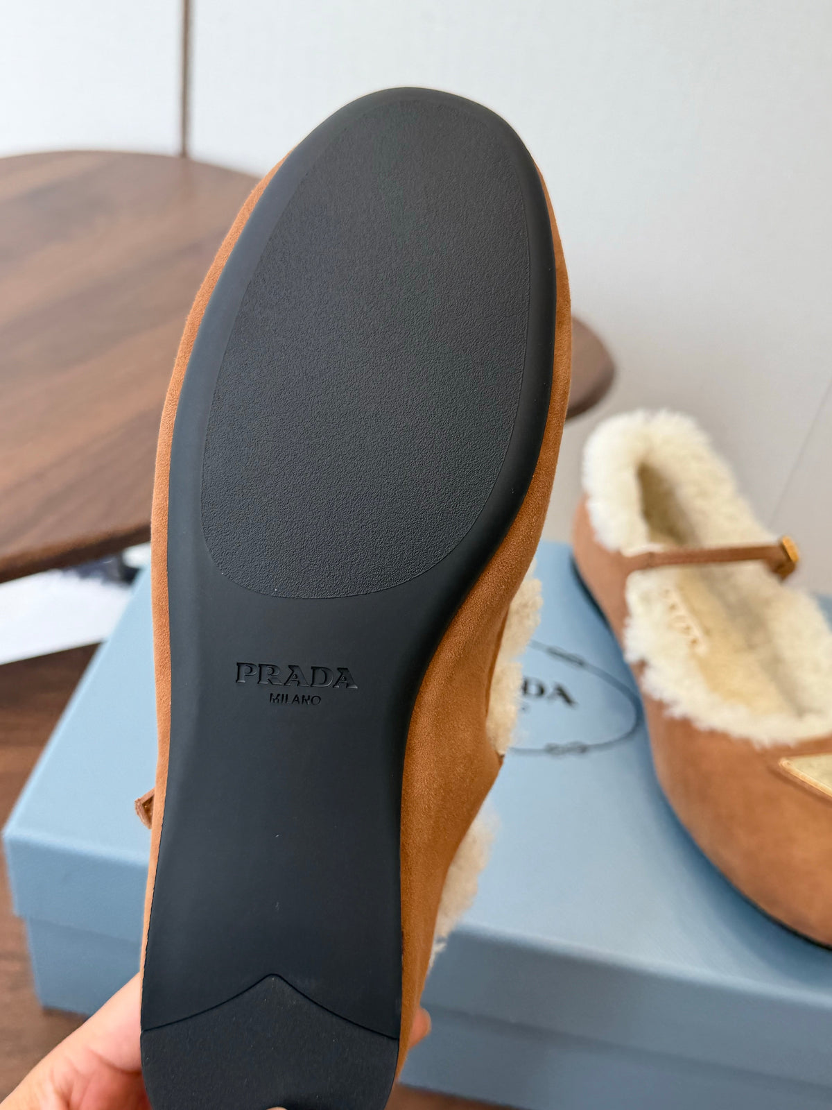 Prada Mary Jane Ballerina Flats Beige Suede Shearling 158582