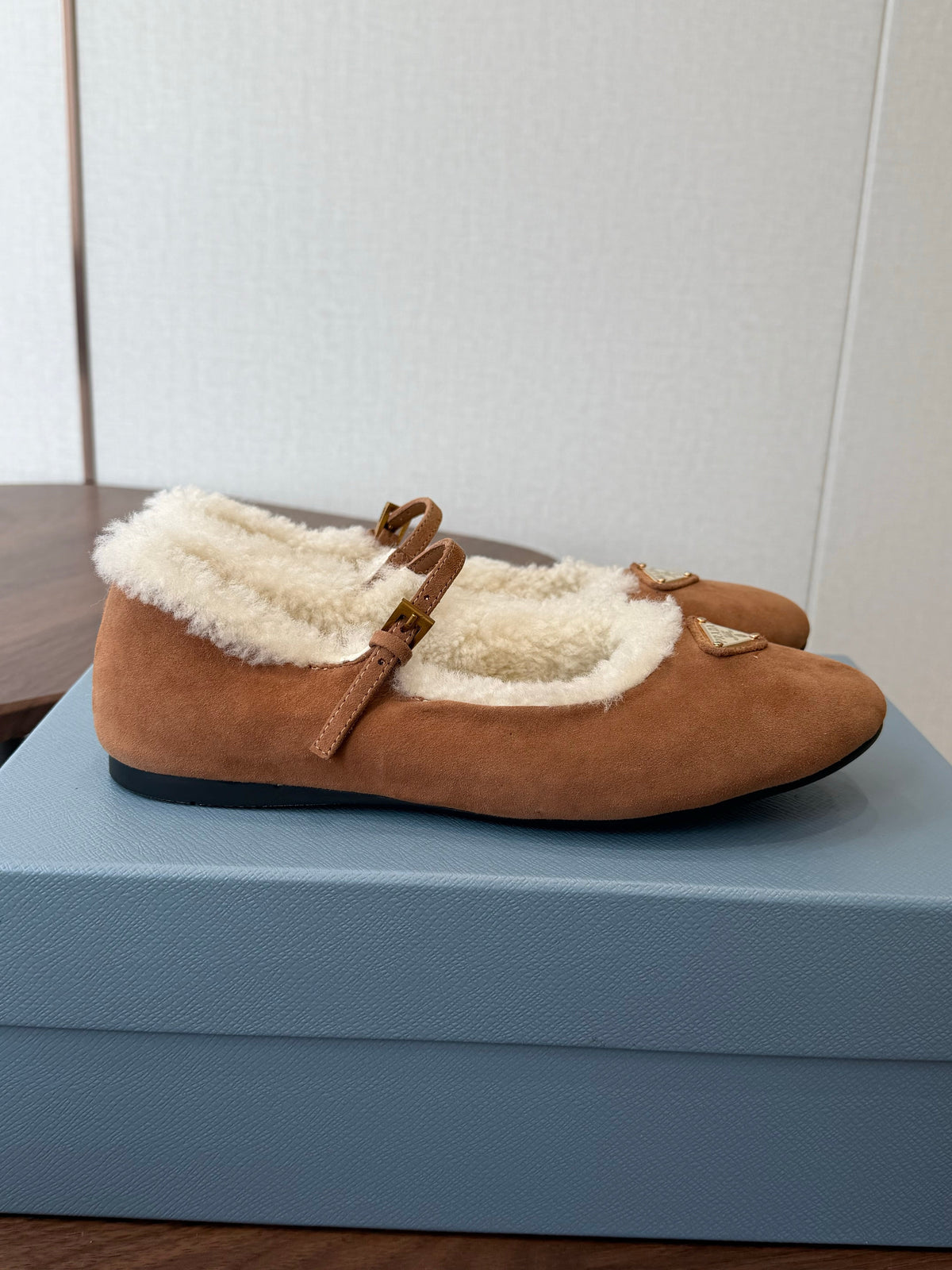 Prada Mary Jane Ballerina Flats Beige Suede Shearling 158582