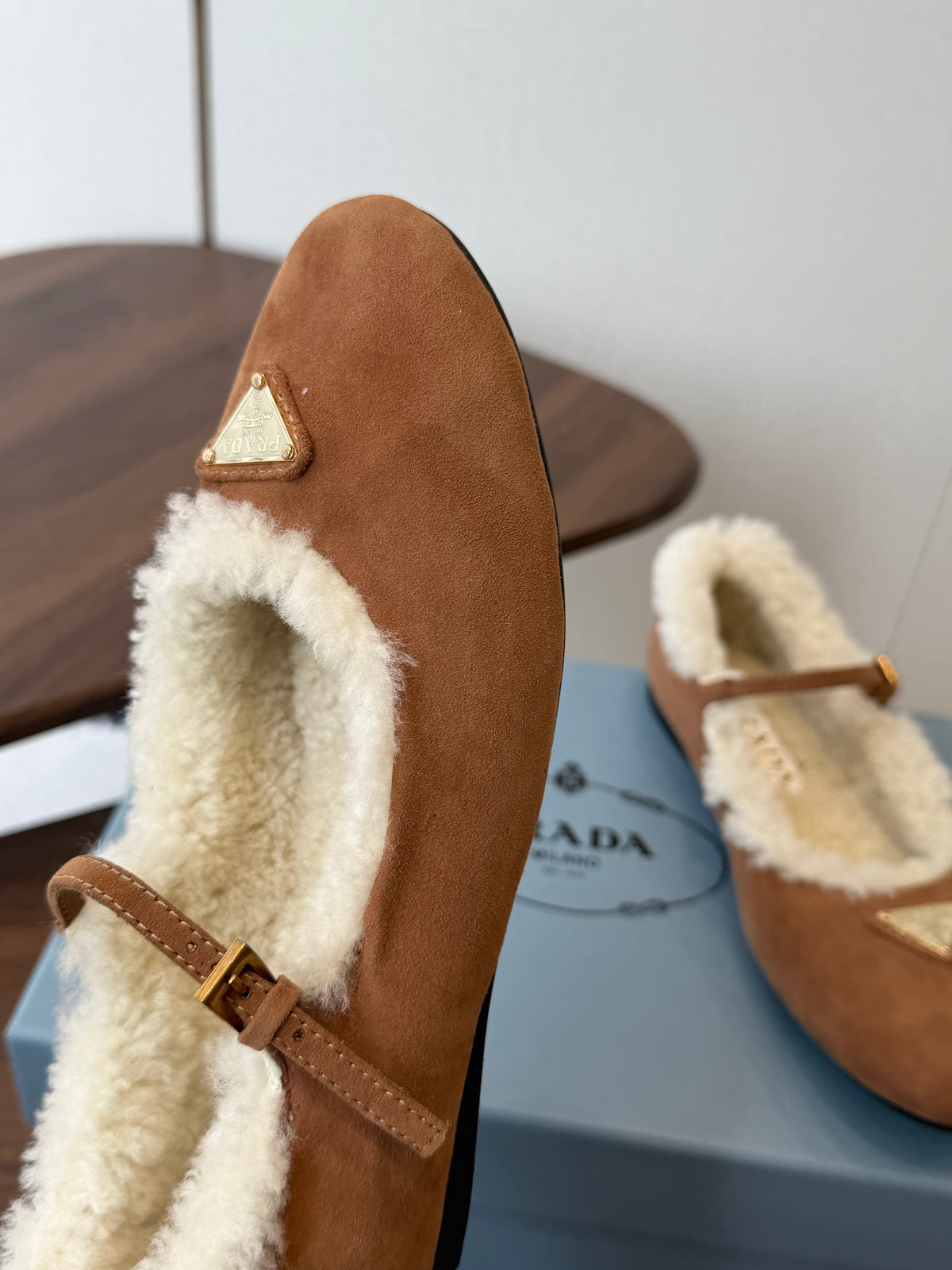 Prada Mary Jane Ballerina Flats Beige Suede Shearling 158582