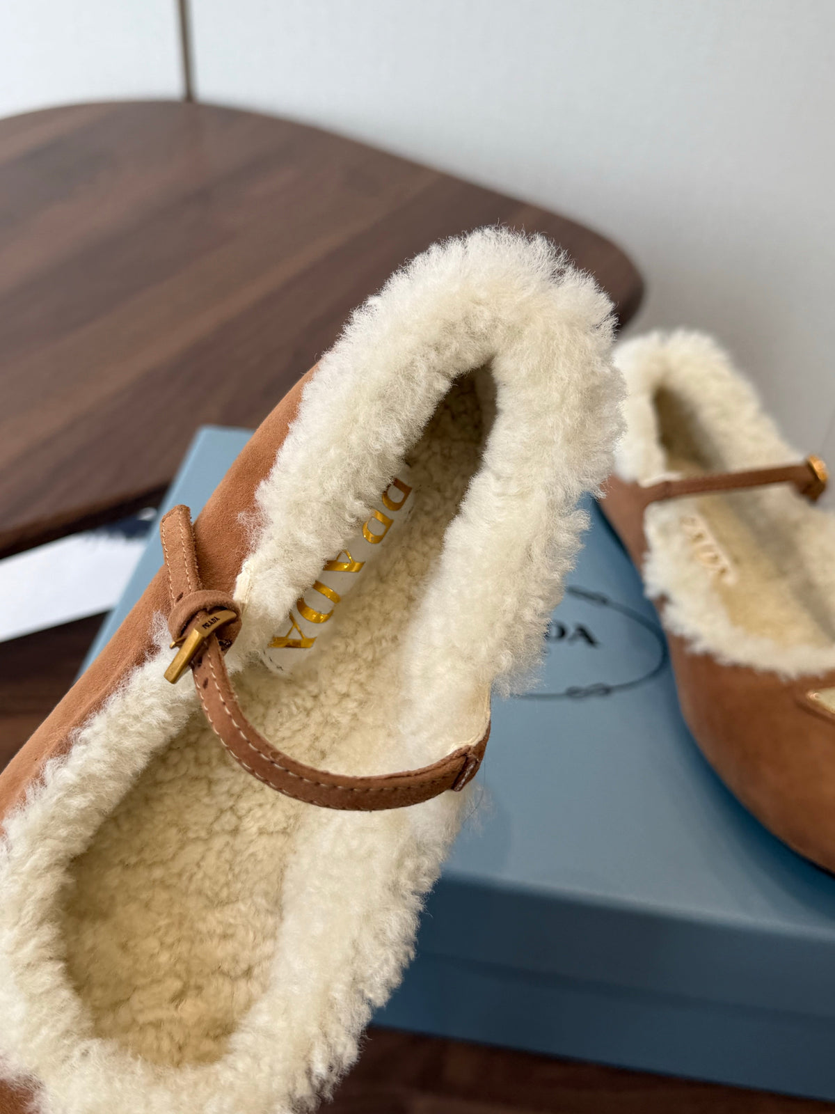 Prada Mary Jane Ballerina Flats Beige Suede Shearling 158582