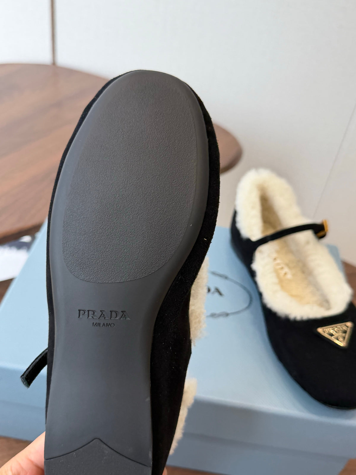 Prada Mary Jane Ballerina Flats Black Suede Shearling 158583