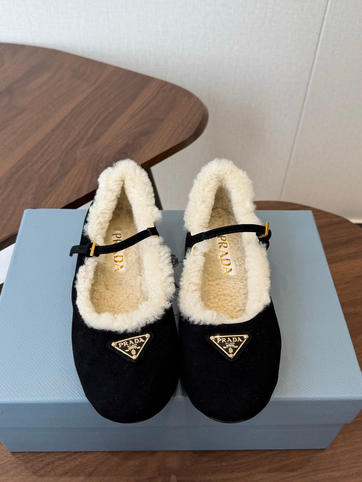 Prada Mary Jane Ballerina Flats Black Suede Shearling 158583