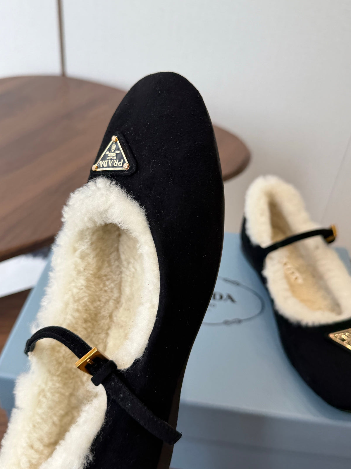 Prada Mary Jane Ballerina Flats Black Suede Shearling 158583