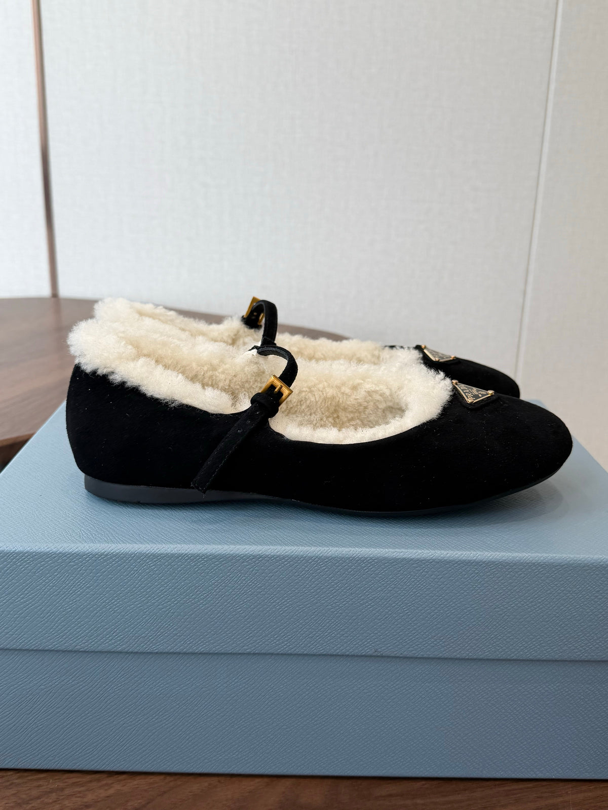 Prada Mary Jane Ballerina Flats Black Suede Shearling 158583