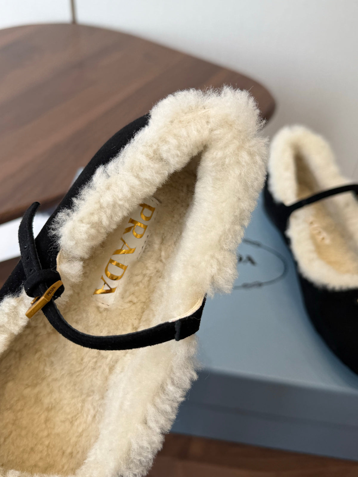 Prada Mary Jane Ballerina Flats Black Suede Shearling 158583