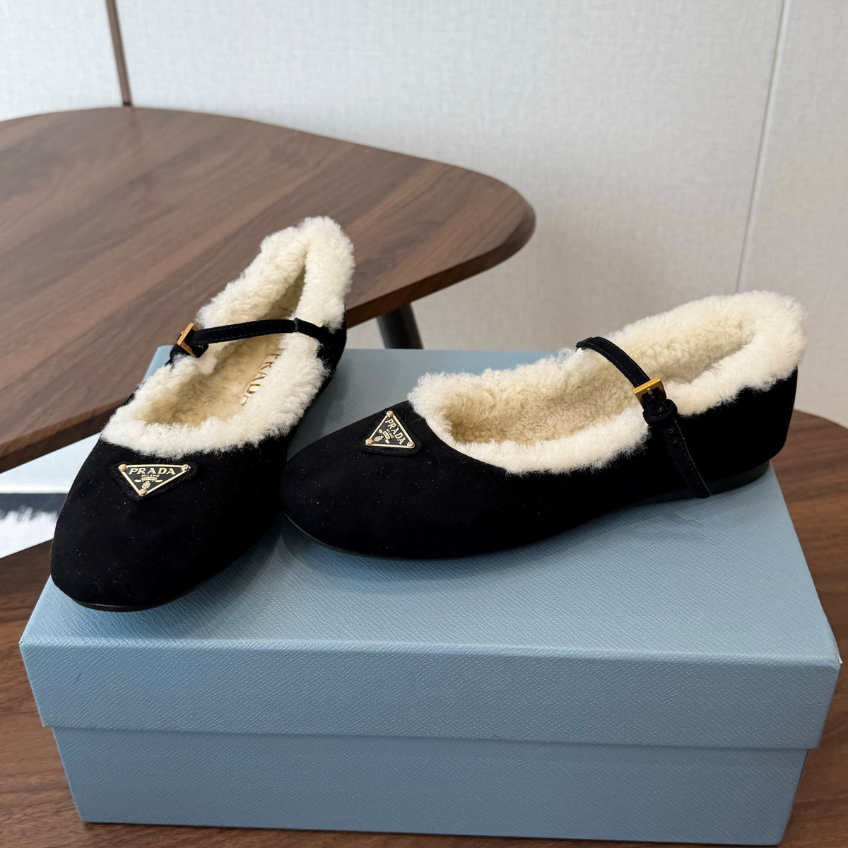 Prada Mary Jane Ballerina Flats Black Suede Shearling 158583
