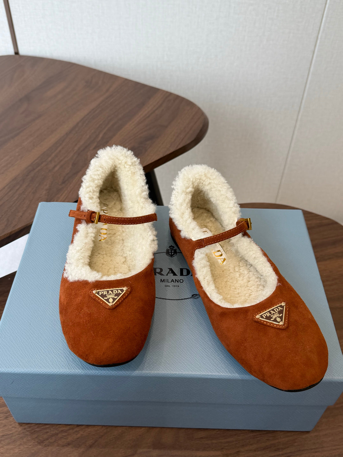 Prada Mary Jane Ballerina Flats Brown Suede Shearling 158584