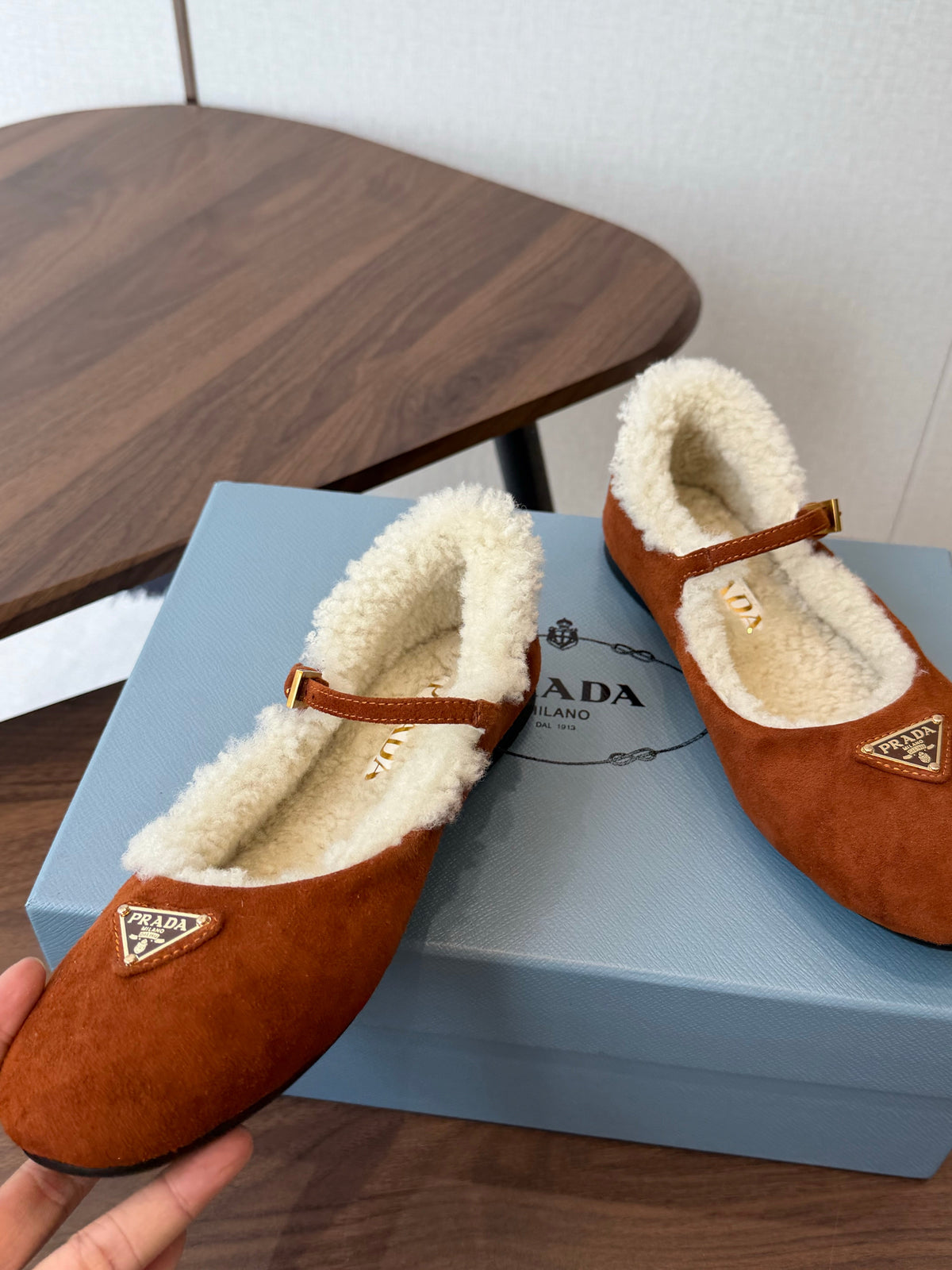 Prada Mary Jane Ballerina Flats Brown Suede Shearling 158584