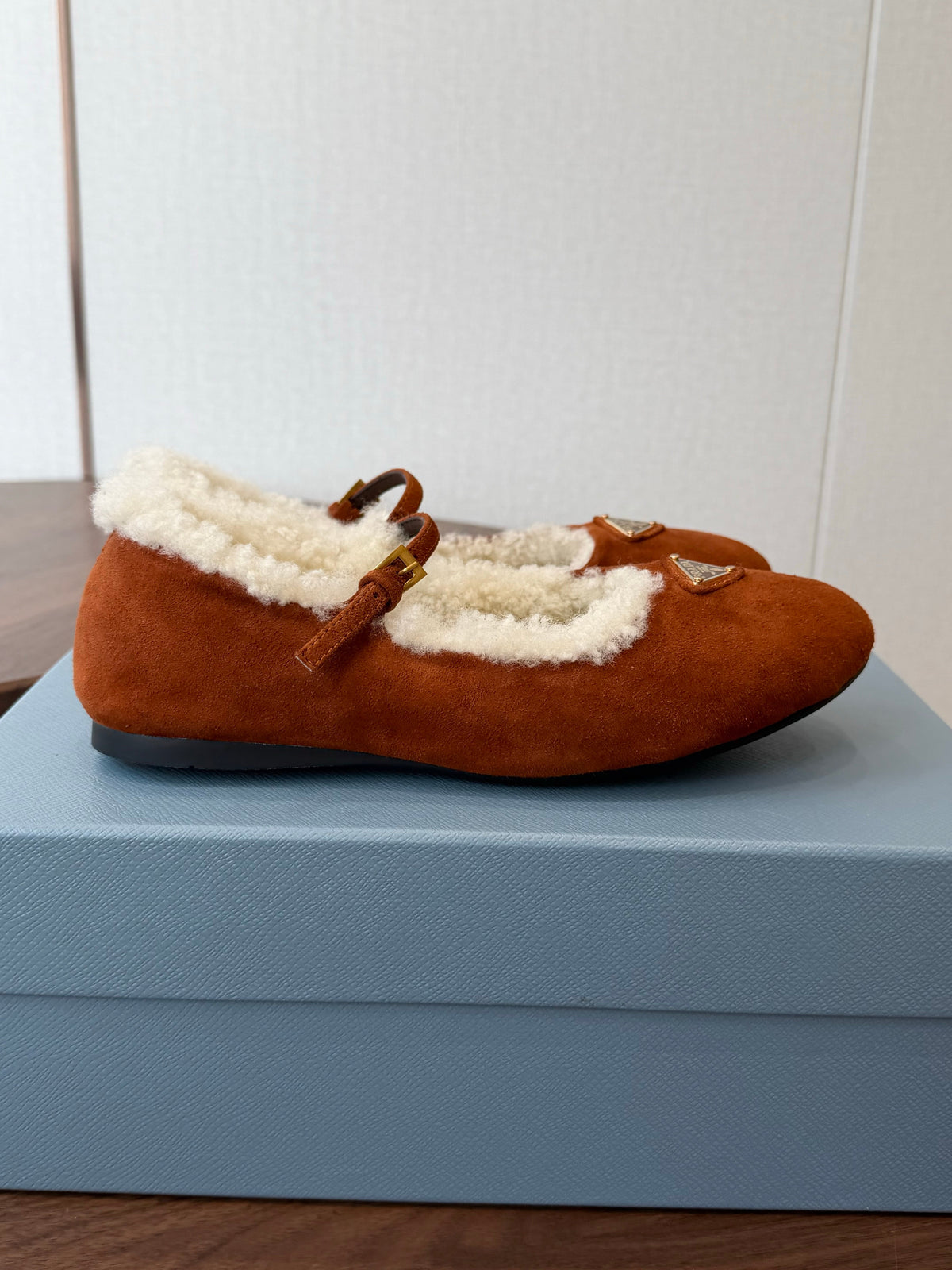 Prada Mary Jane Ballerina Flats Brown Suede Shearling 158584