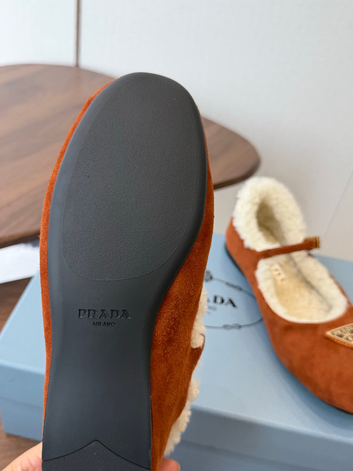 Prada Mary Jane Ballerina Flats Brown Suede Shearling 158584