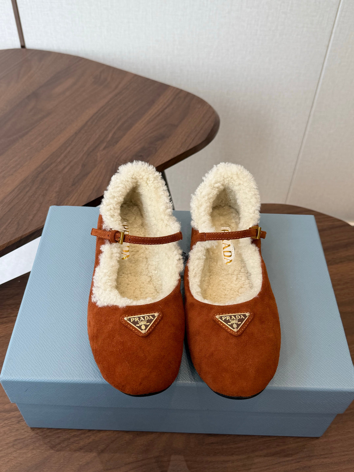 Prada Mary Jane Ballerina Flats Brown Suede Shearling 158584