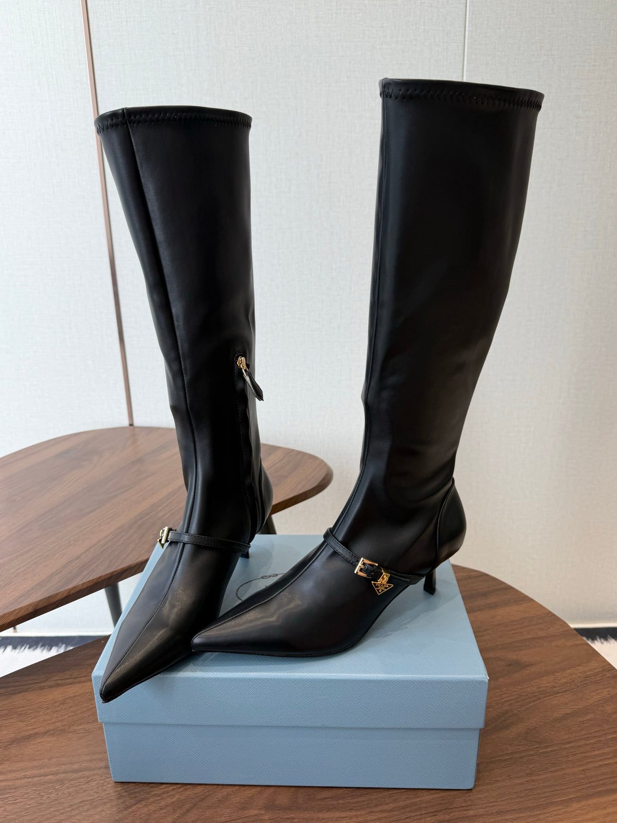Prada Pointed-Toe Kitten-Heel Knee-High Boots Black Leather 158586