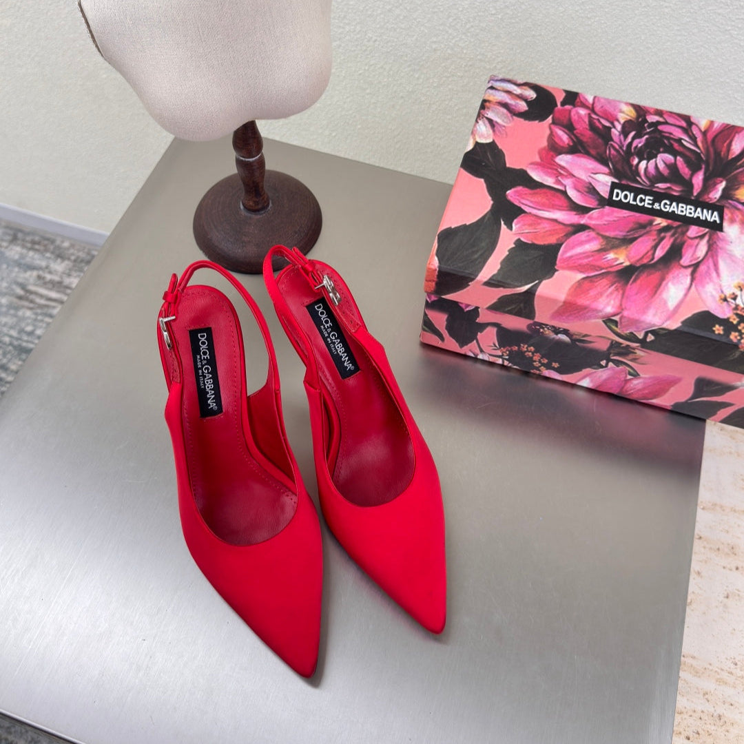 DC Slingback Pumps Red Silk & Sheepskin 343143
