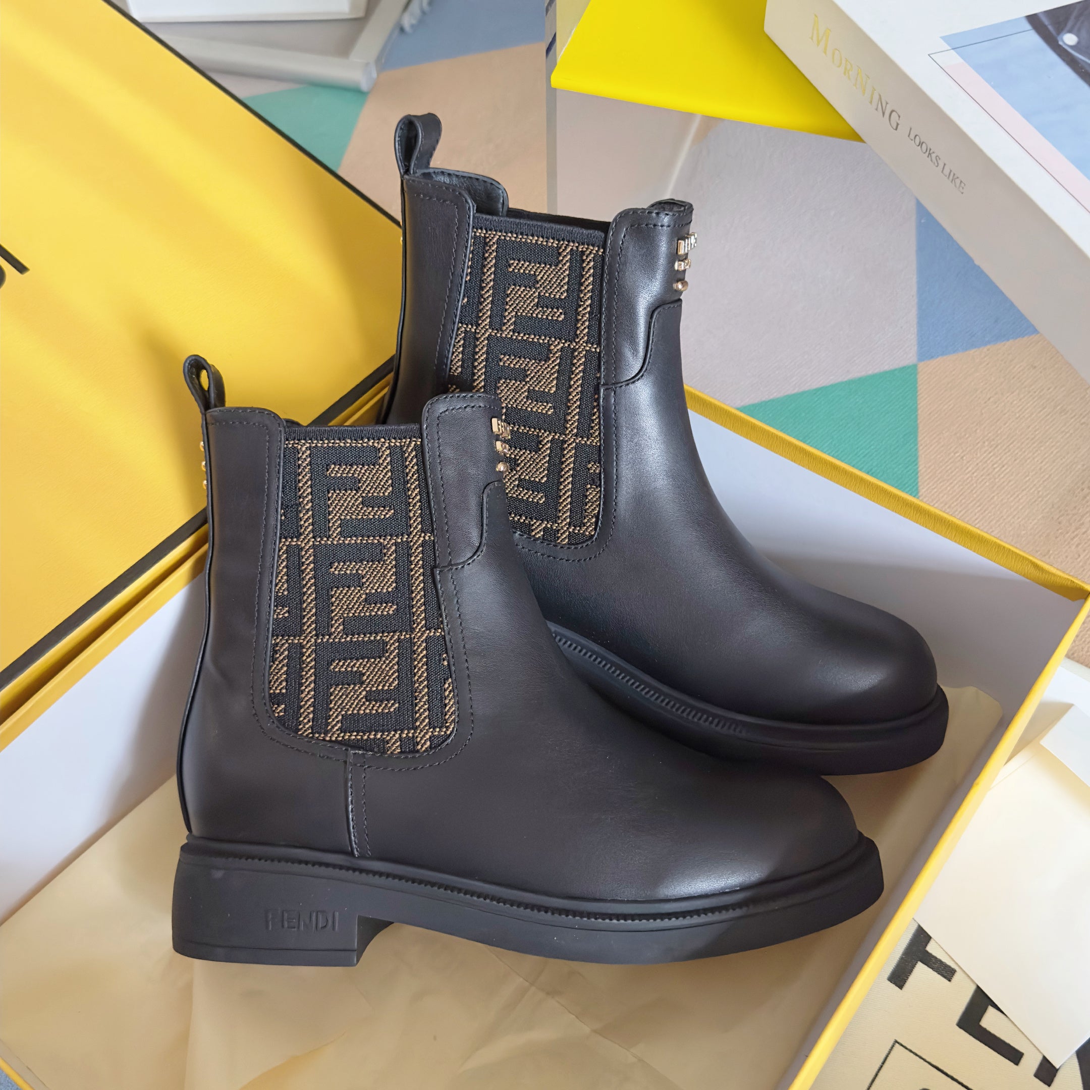 Fendi 2025 FF Monogram Chelsea Boot Black Brown Leather Fabric 553105