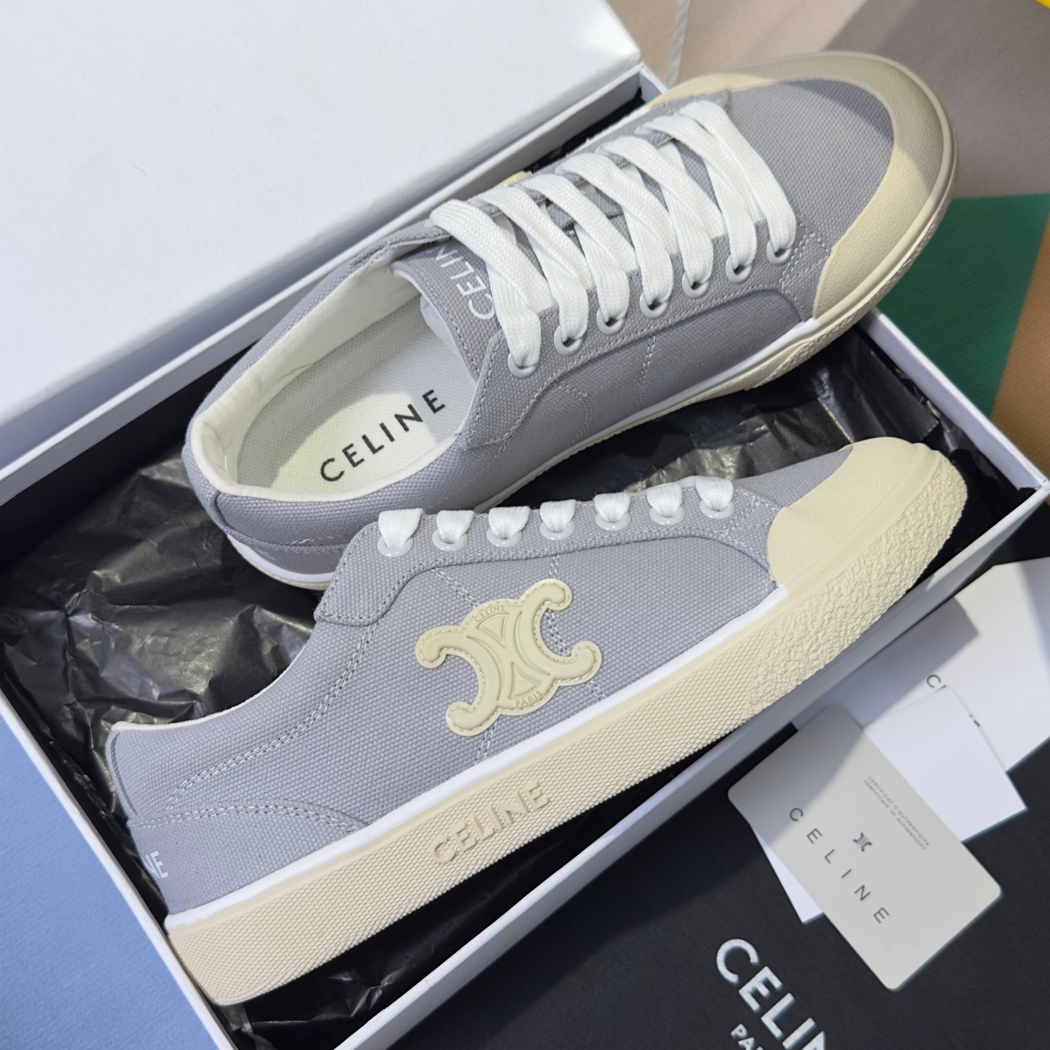 Celine 26s Lace-Up Sneakers In Light Gray Canvas